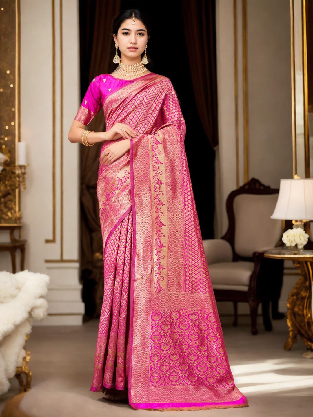 

Ishin Pink Ethnic Motifs Woven Design Zari Organza Banarasi Saree