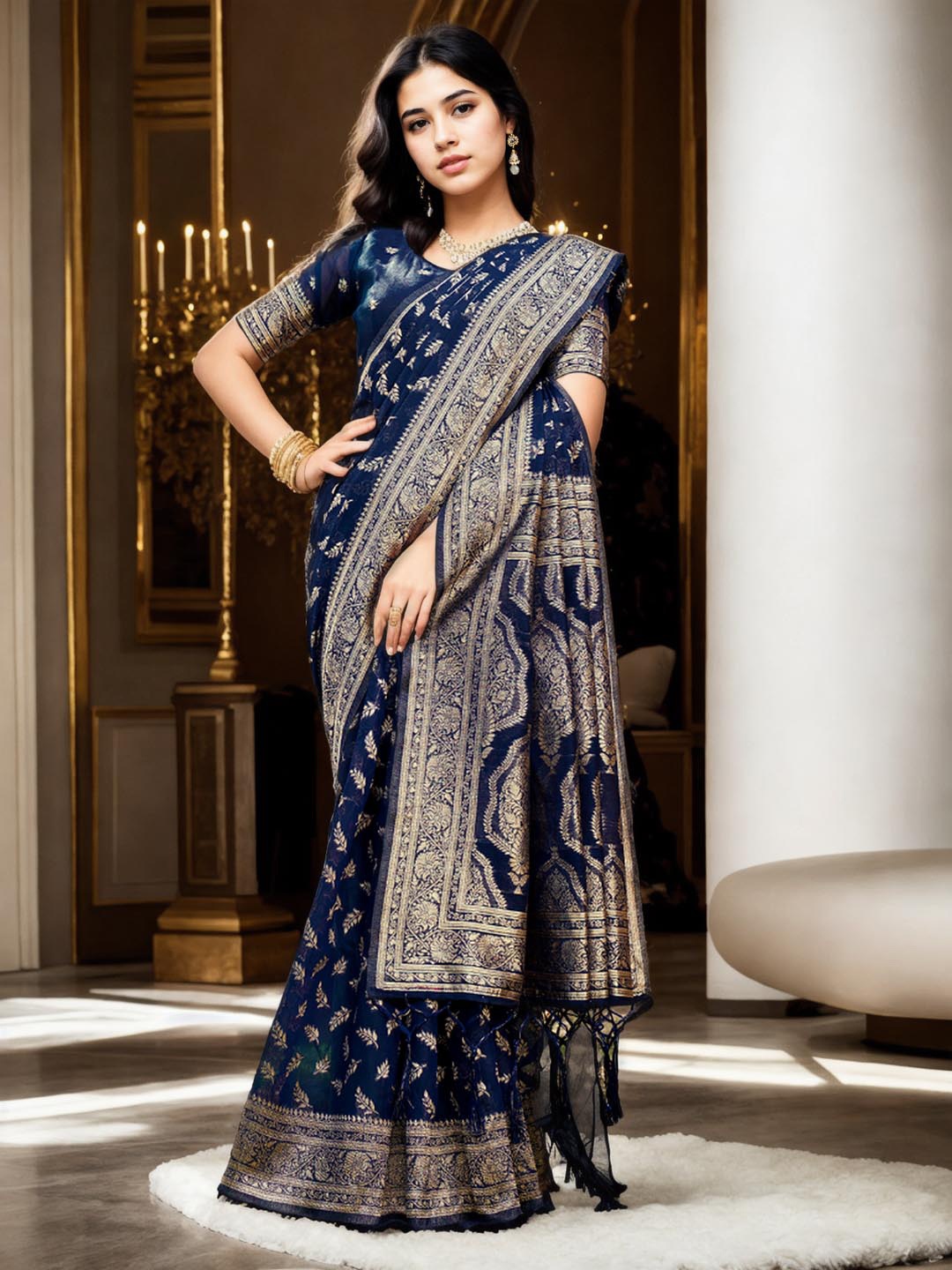 

Ishin Ethnic Woven Design Zari Pure Cotton Chanderi Saree, Blue
