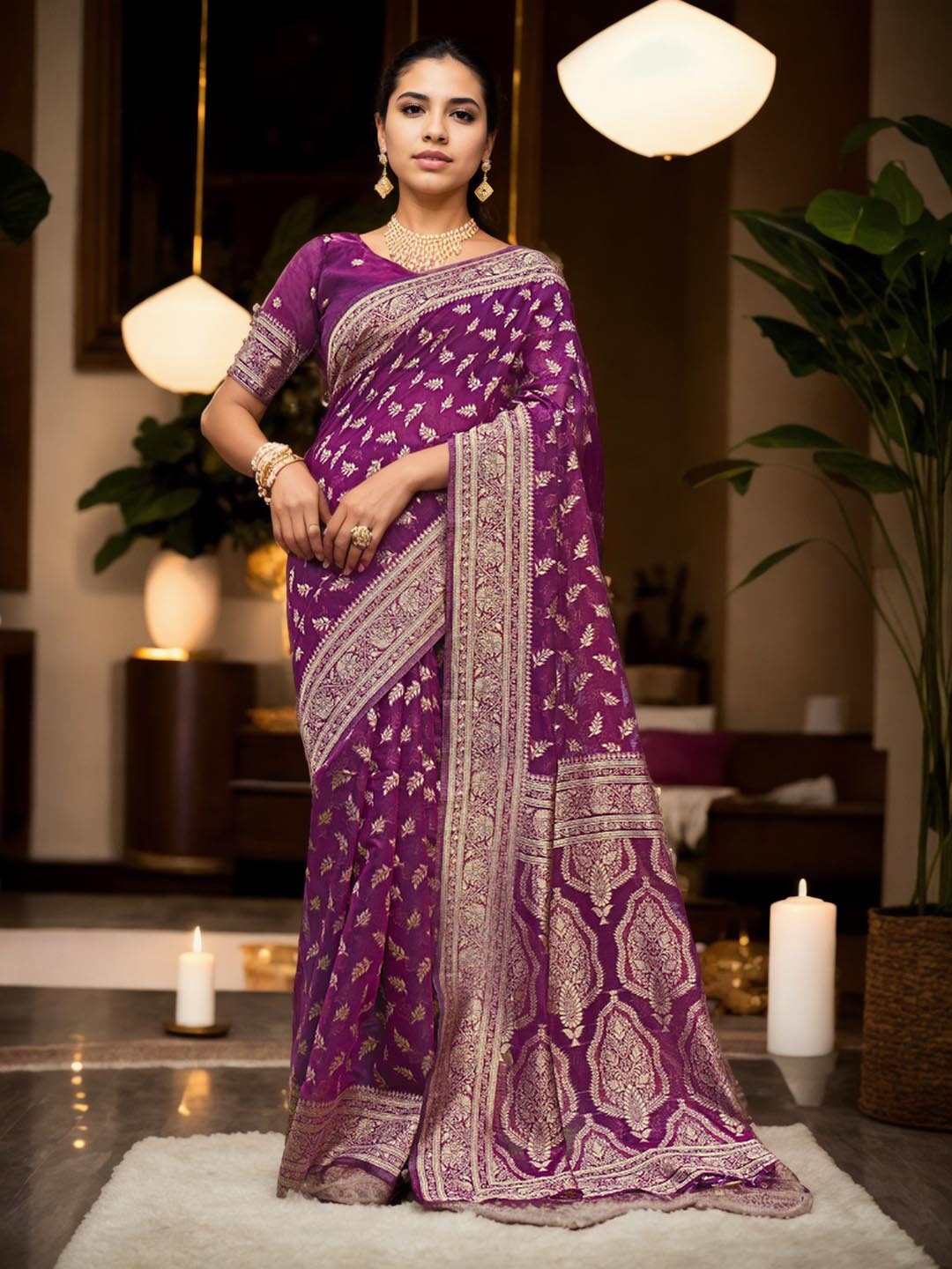 

Ishin Ethnic Woven Design Zari Pure Cotton Chanderi Saree, Purple