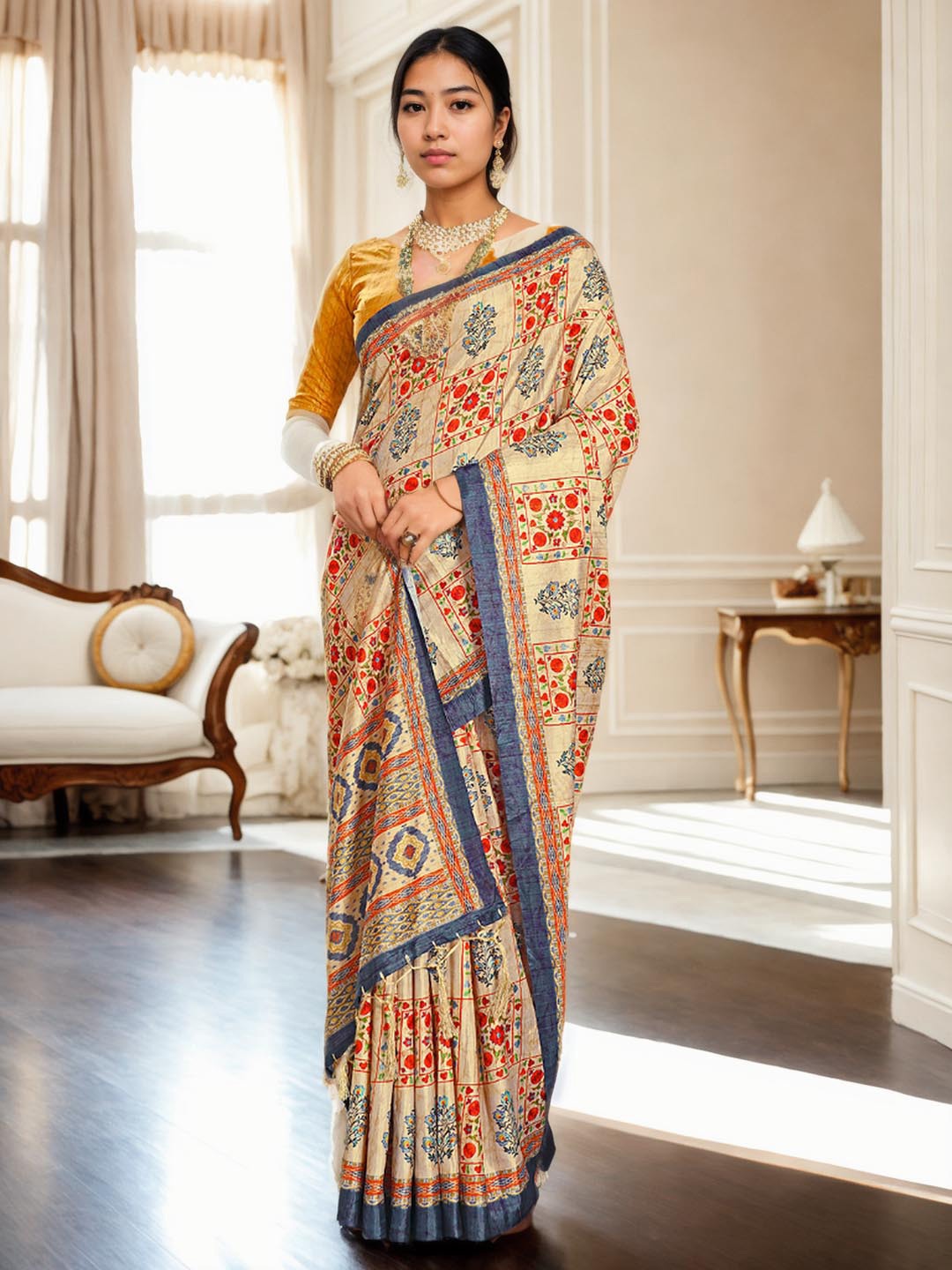

Ishin Beige Ethnic Motifs Printed Saree