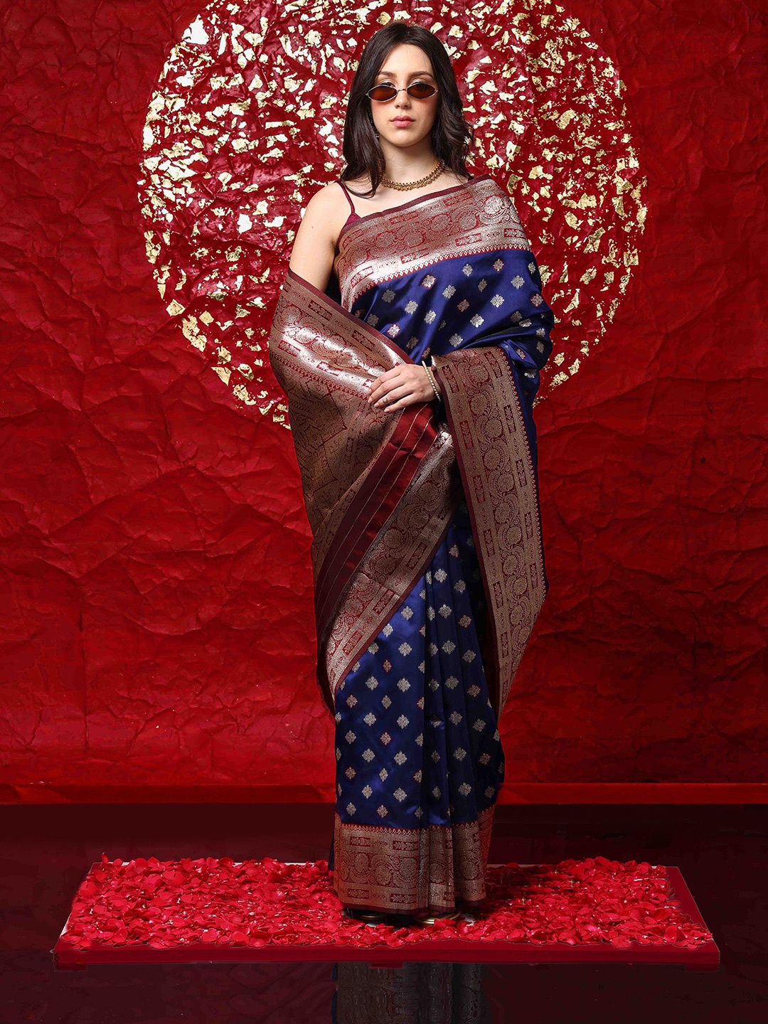 

Ishin Blue Ethnic Motifs Woven Design Zari Banarasi Saree