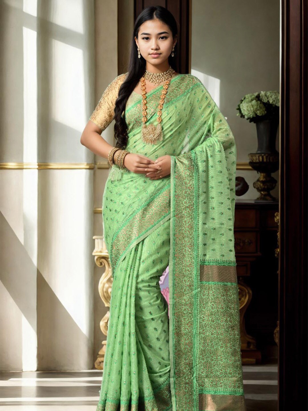 

Ishin Ethnic Woven Design Zari Art Silk Banarasi Saree, Lime green