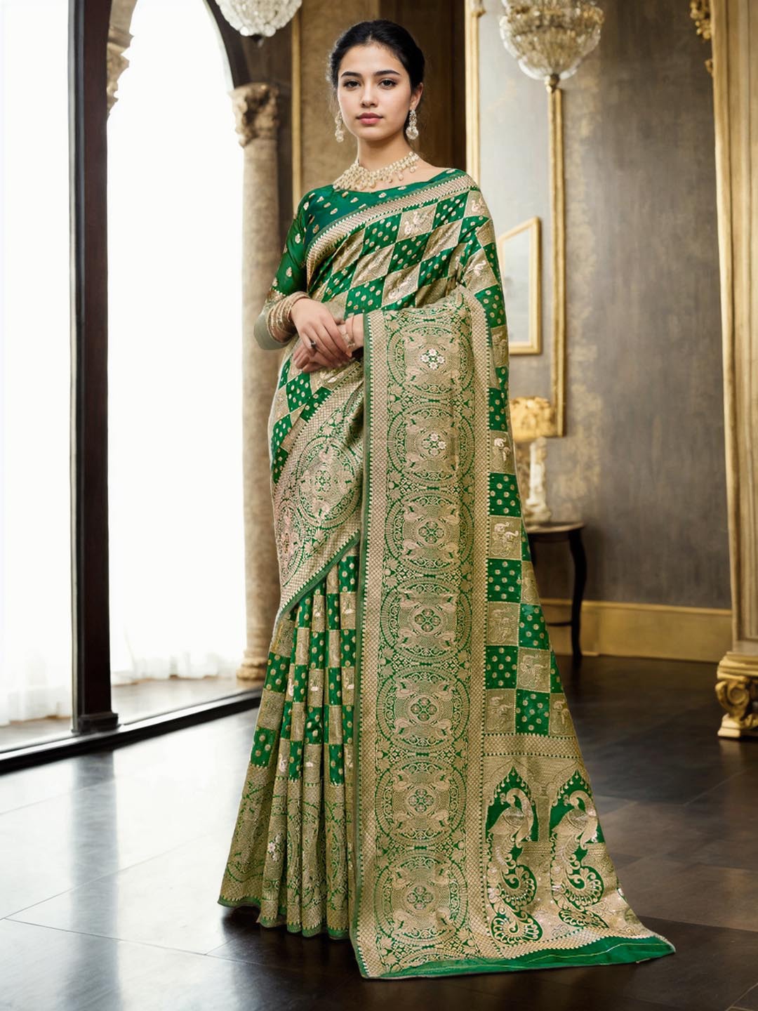 

Ishin Ethnic Woven Design Zari Organza Art Silk Saree, Green