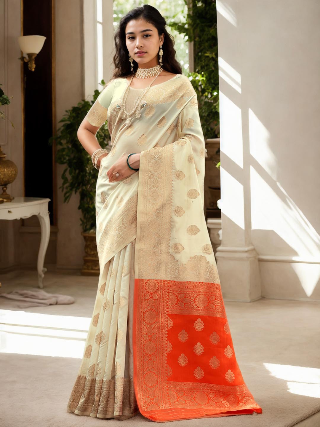 

Ishin Ethnic Woven Design Zari Art Silk Banarasi Saree, Cream
