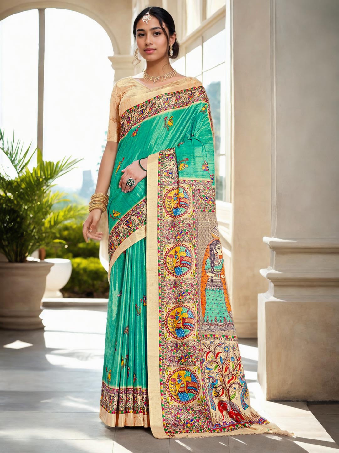 

Ishin Turquoise Blue Ethnic Motifs Printed Saree