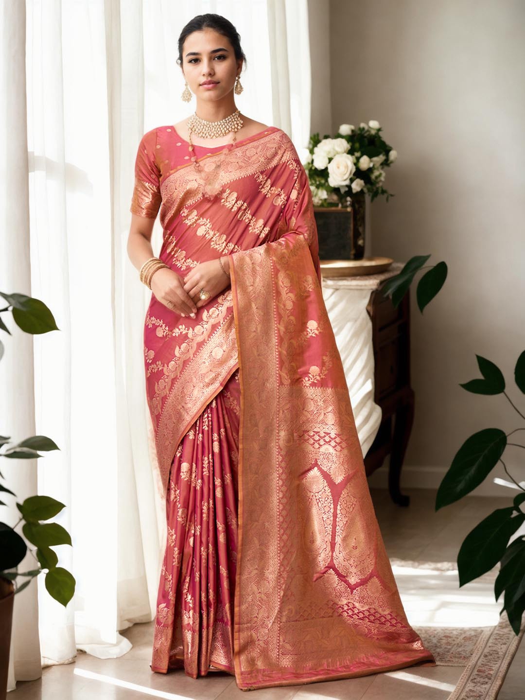 

Ishin Ethnic Woven Design Zari Art Silk Banarasi Saree, Pink