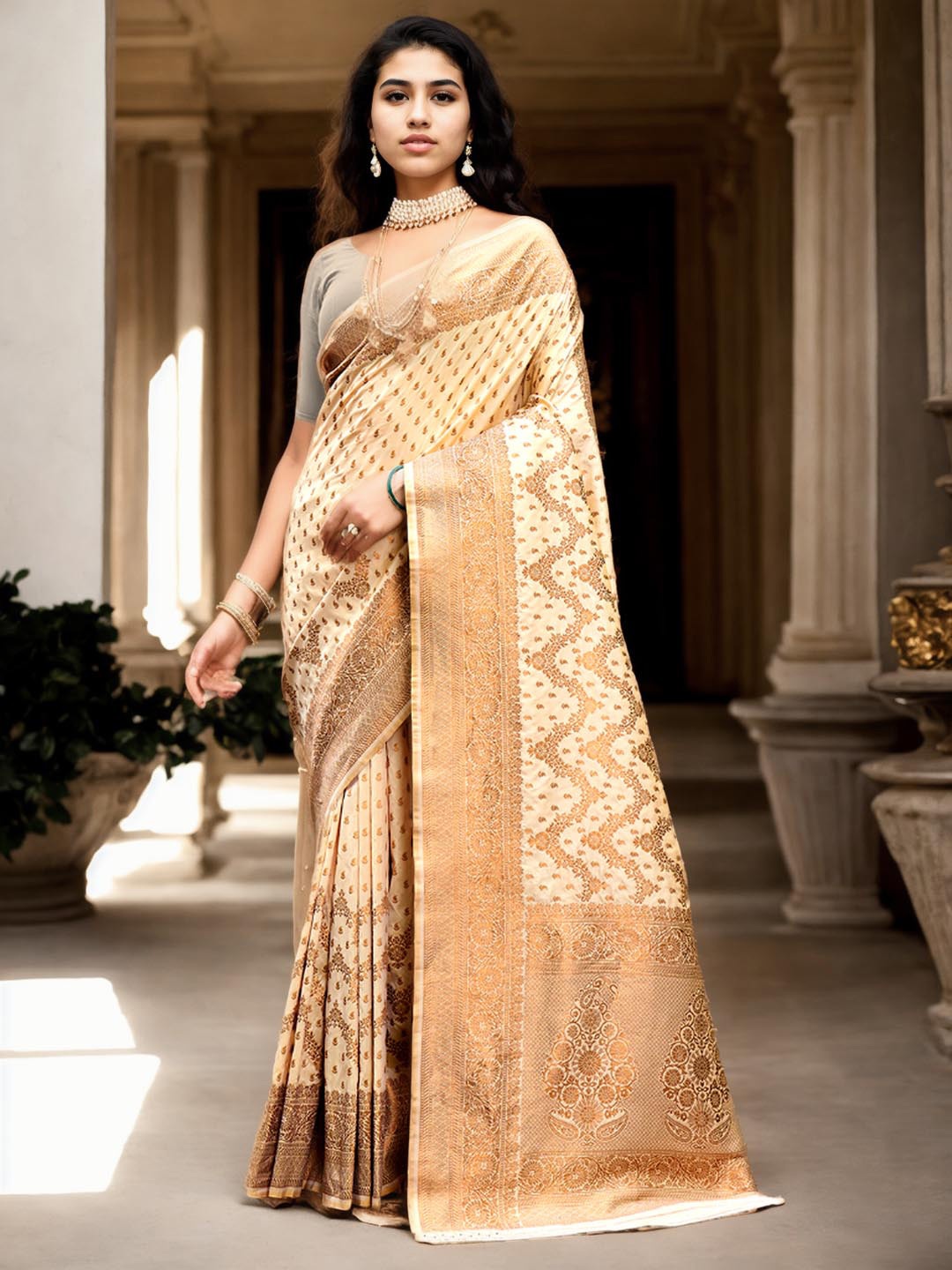 

Ishin Ethnic Woven Design Zari Art Silk Banarasi Saree, Cream