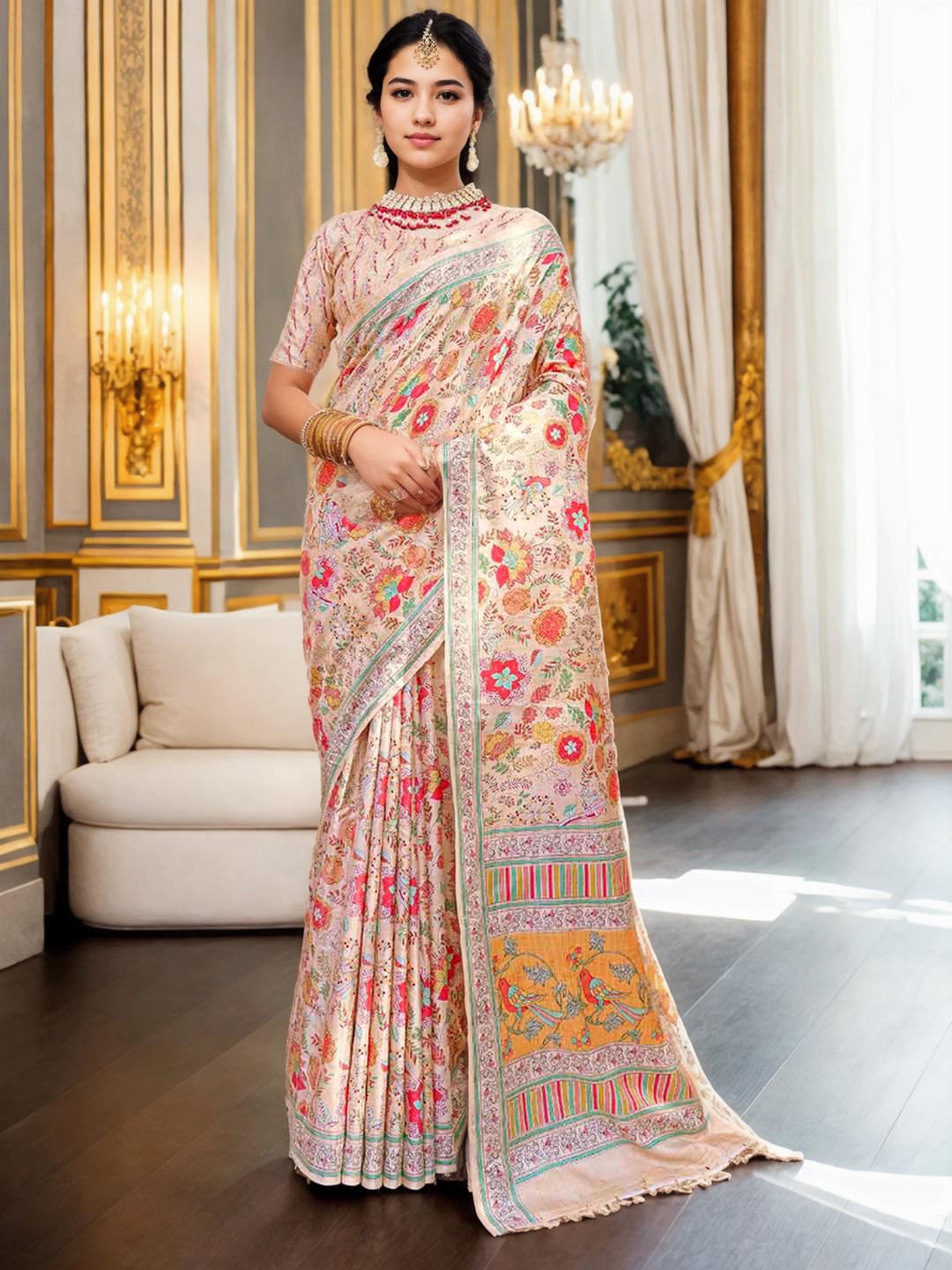 

Ishin Cream Coloured Floral Printed Zari Saree