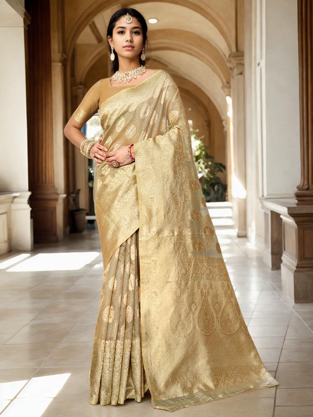 

Ishin Ethnic Woven Design Zari Organza Art Silk Saree, Cream