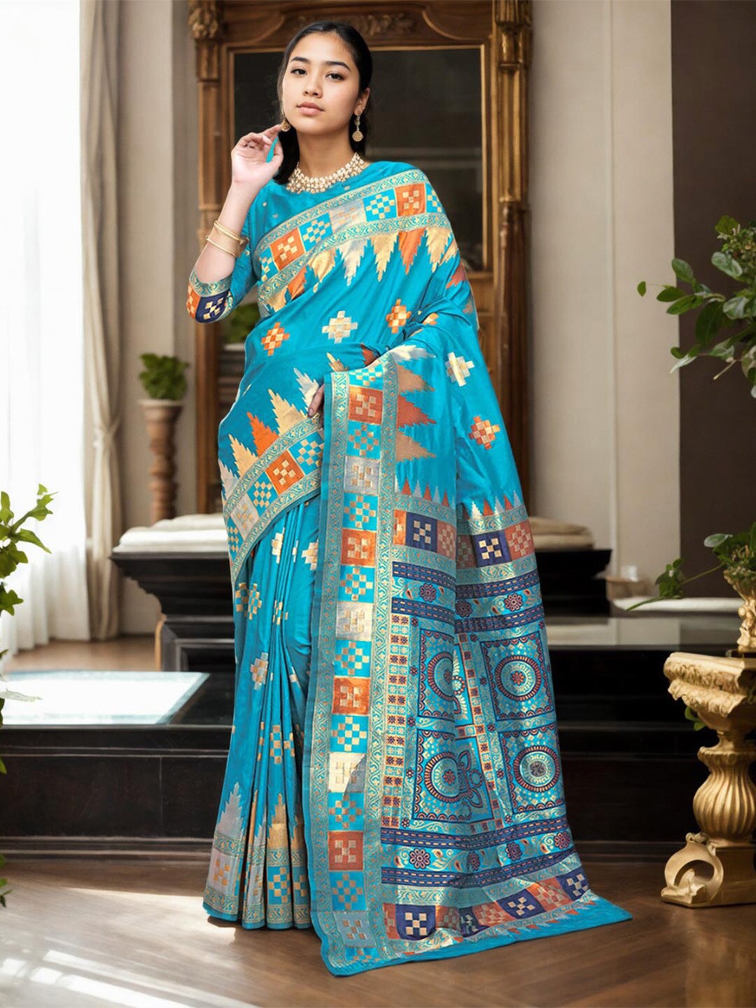

Ishin Ethnic Woven Design Art Silk Paithani Saree, Turquoise blue