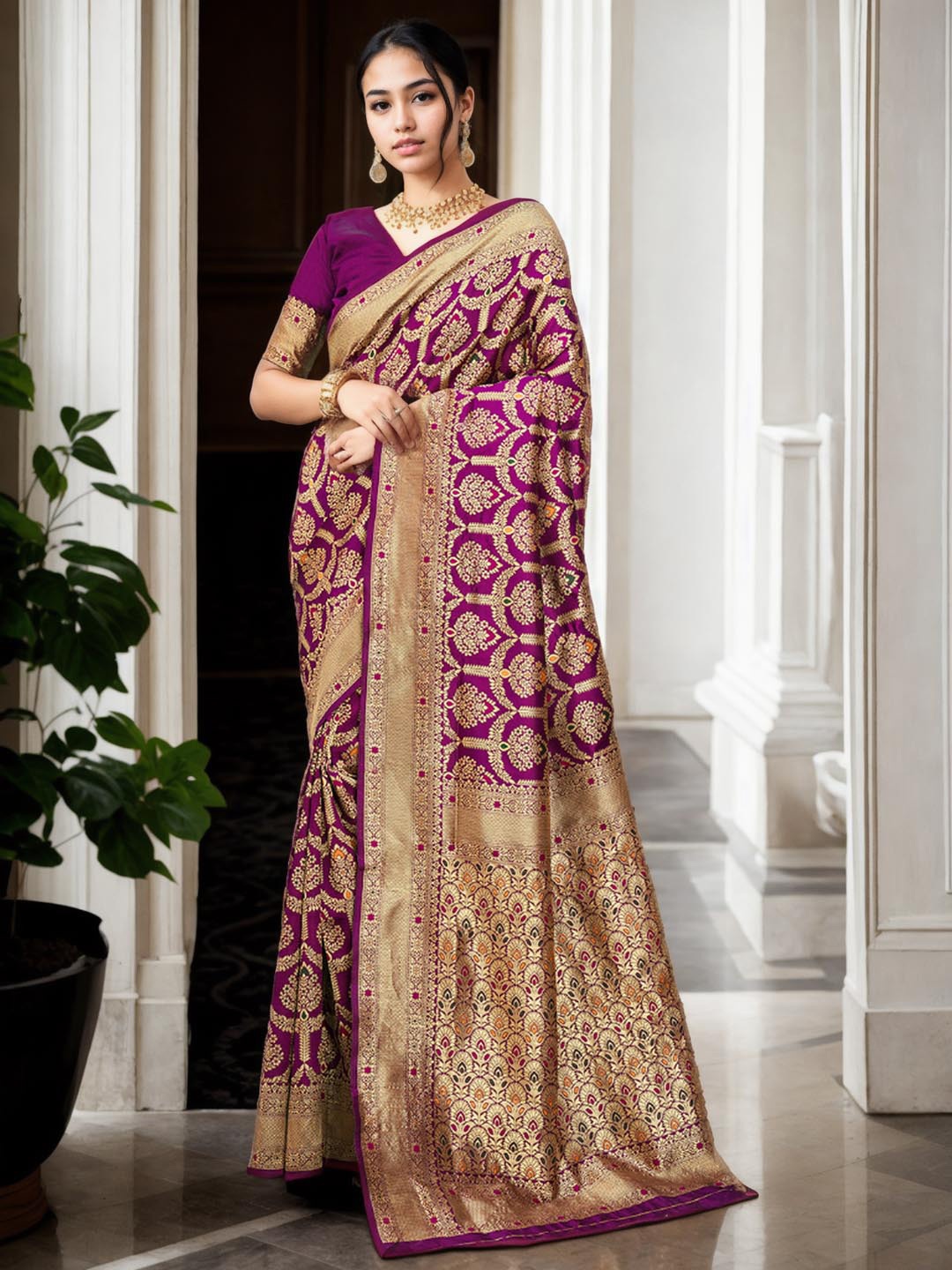 

Ishin Ethnic Woven Design Zari Art Silk Banarasi Saree, Purple