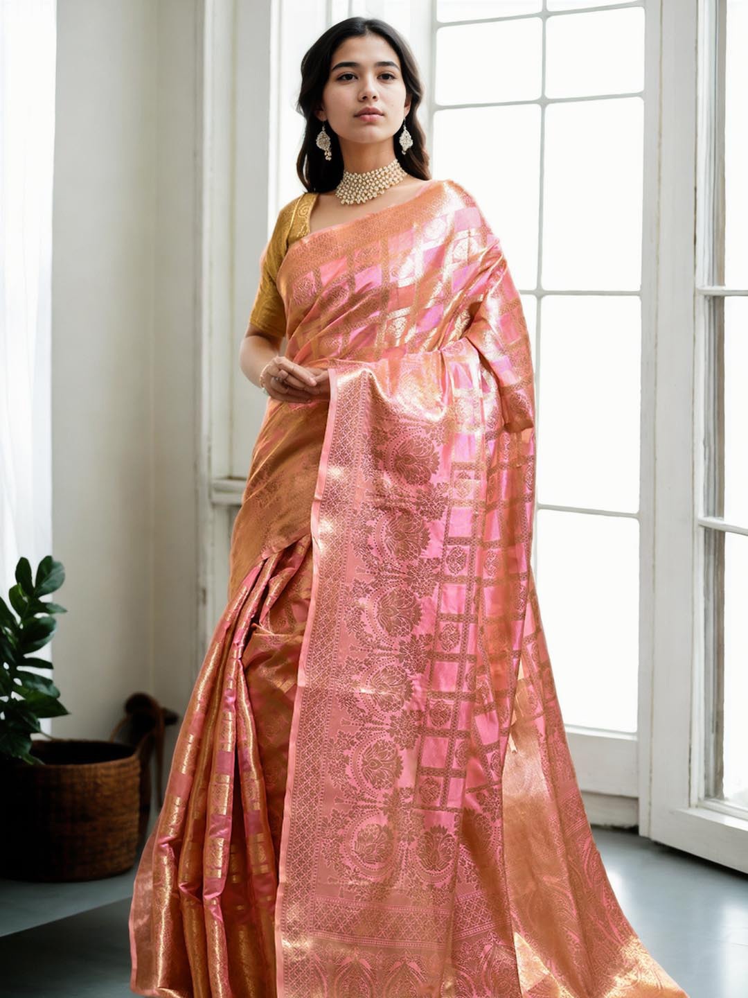 

Ishin Pink Ethnic Motifs Woven Design Zari Organza Saree