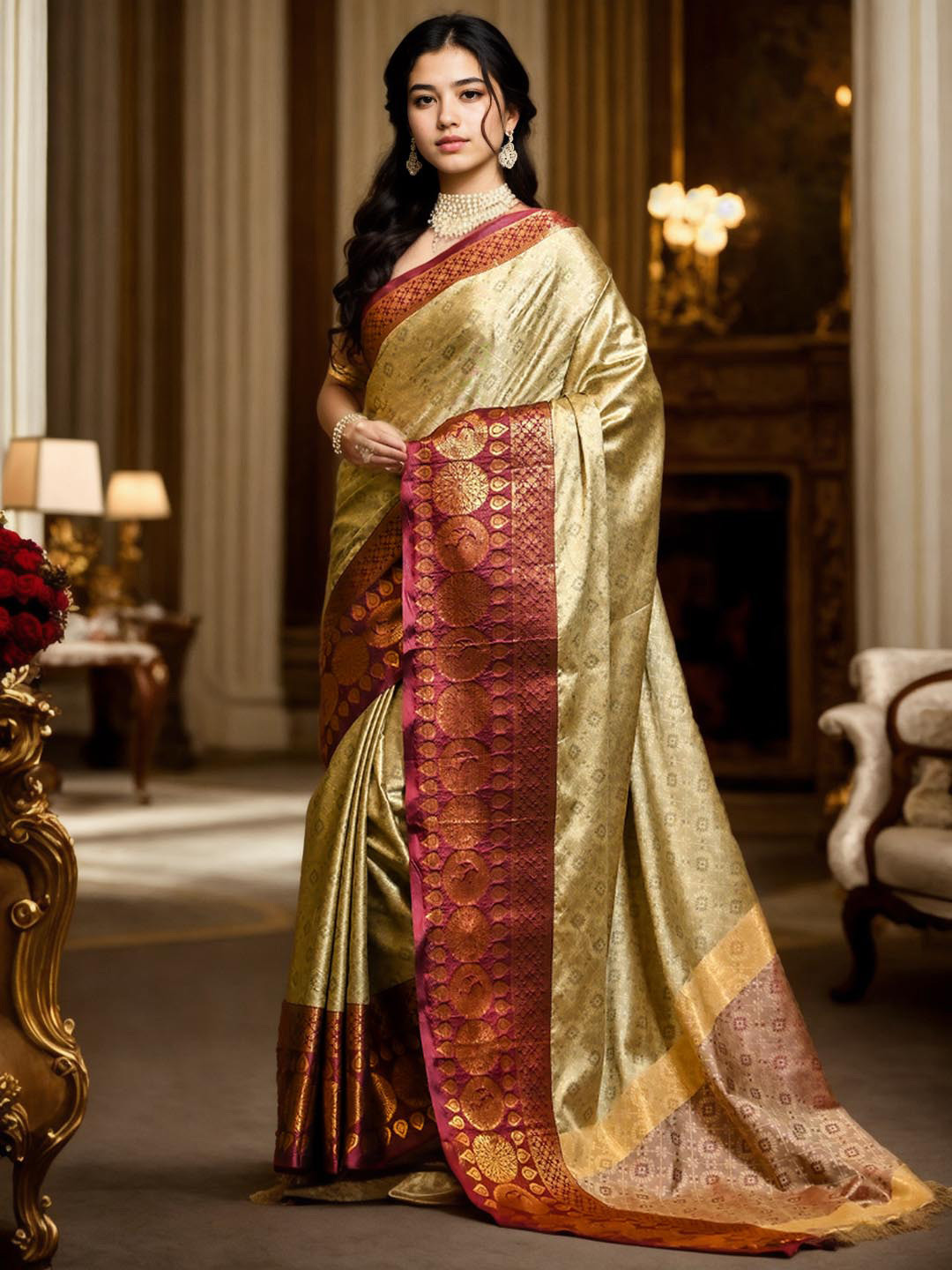 

Ishin Ethnic Woven Design Zari Art Silk Kanjeevaram Saree, Cream