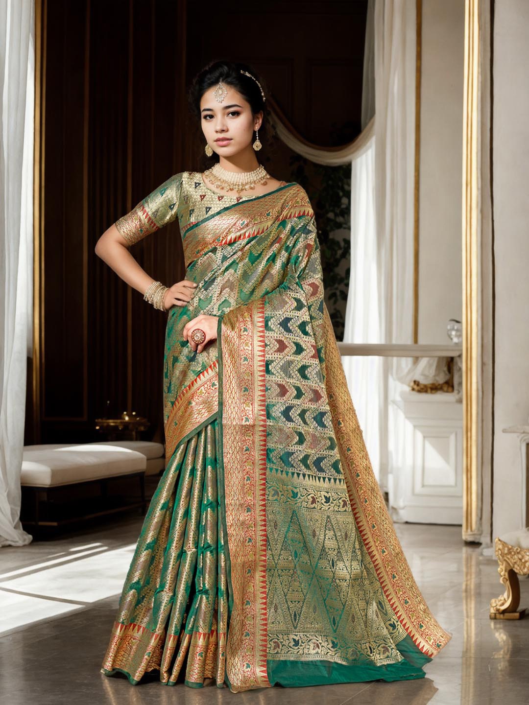 

Ishin Ethnic Woven Design Zari Art Silk Saree, Green