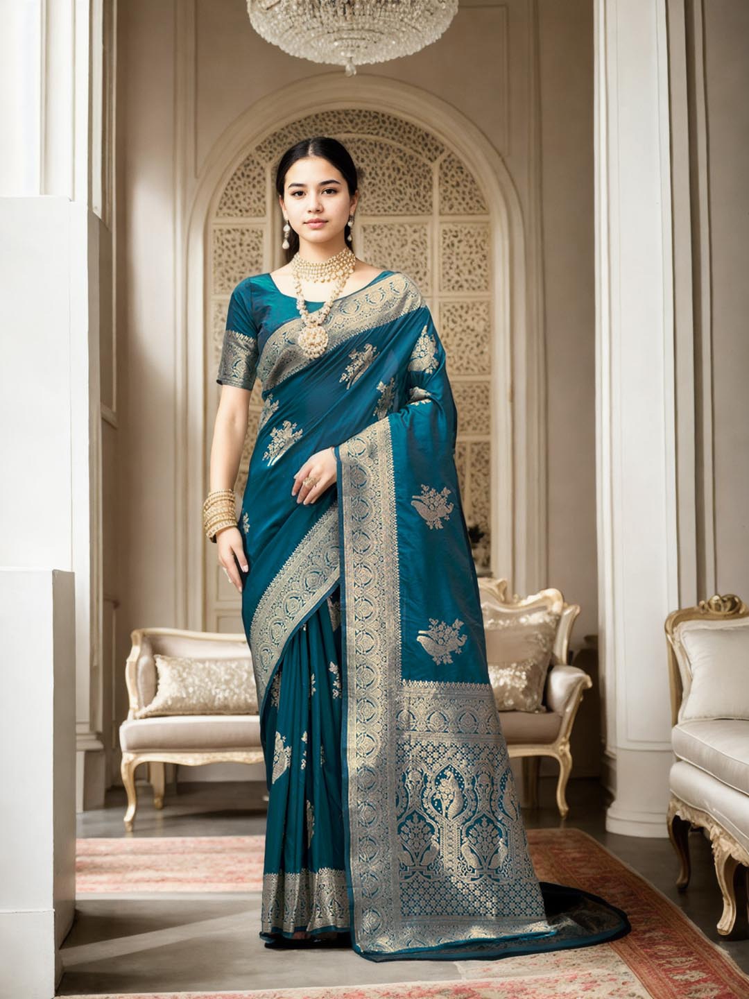 

Ishin Ethnic Woven Design Zari Art Silk Banarasi Saree, Blue