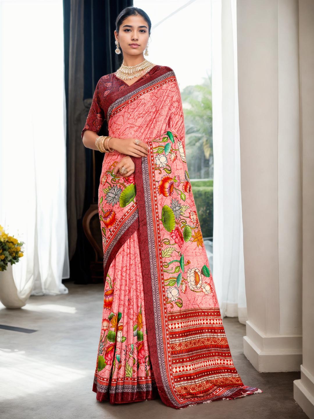 

Ishin Floral Printed Pure Crepe Silk Saree, Pink