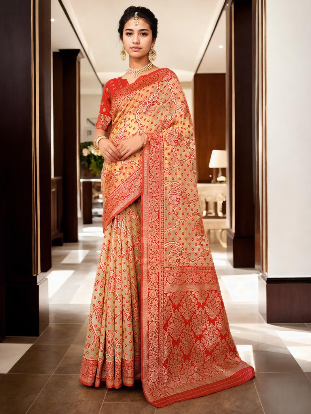 

Ishin Ethnic Woven Design Zari Organza Saree, Orange