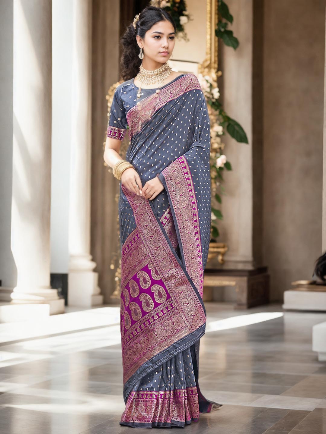 

Ishin Ethnic Woven Design Zari Art Silk Banarasi Saree, Grey