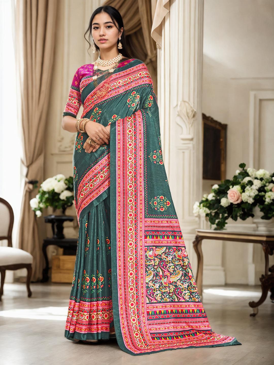 

Ishin Floral Pure Crepe Silk Saree, Green