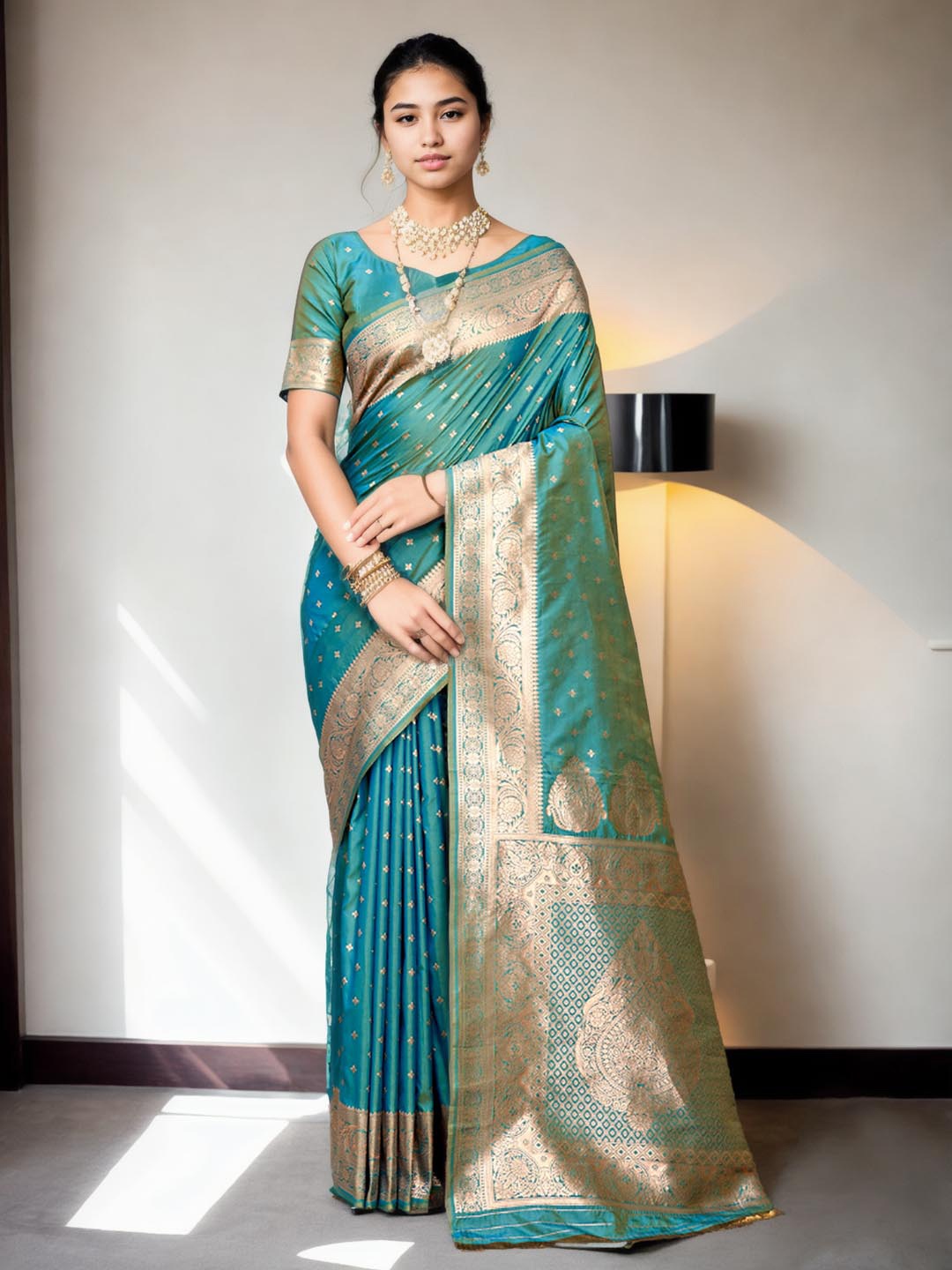 

Ishin Ethnic Motifs Zari Art Silk Banarasi Saree, Turquoise blue