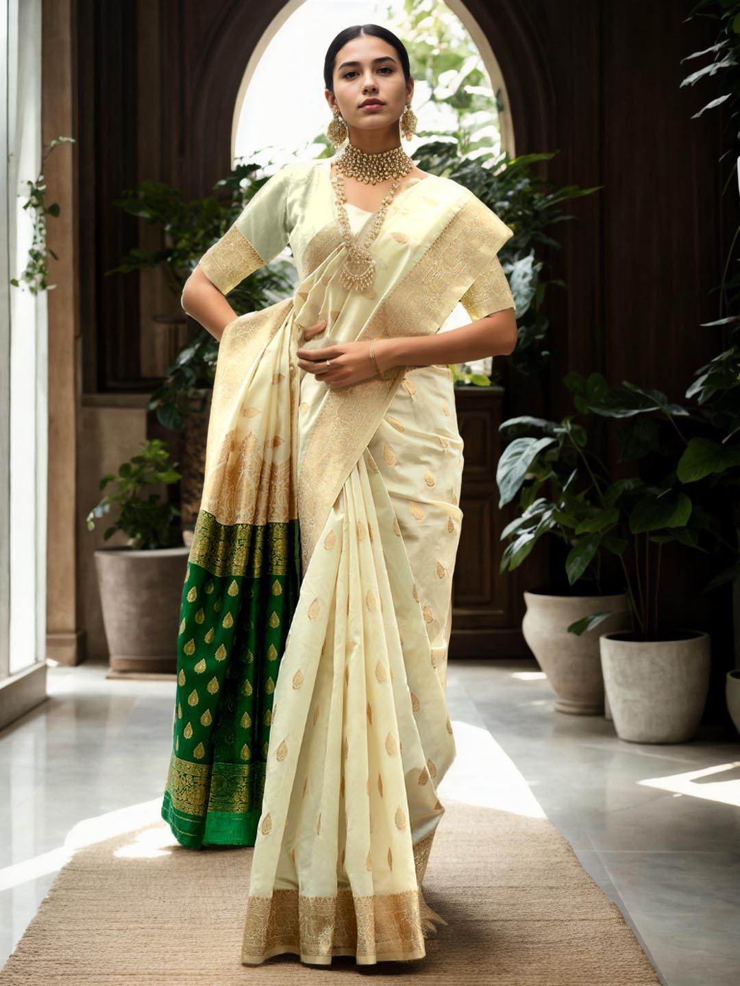 

Ishin Cream Coloured Ethnic Motifs Woven Design Zari Banarasi Saree