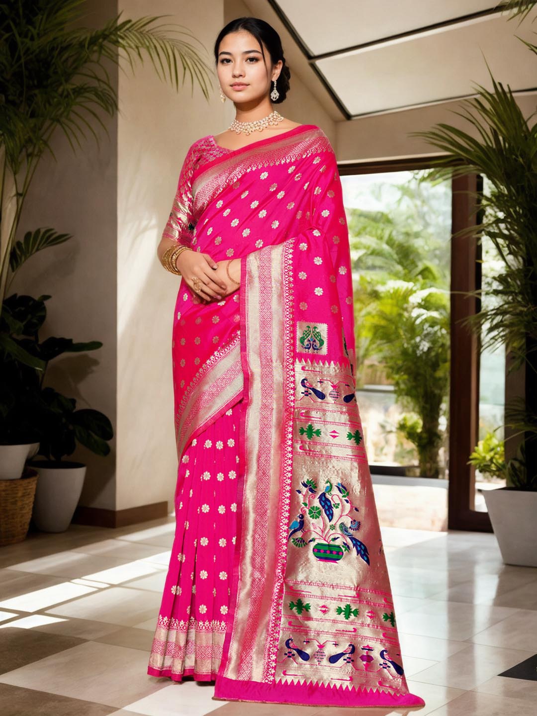 

Ishin Ethnic Woven Design Zari Art Silk Paithani Saree, Pink