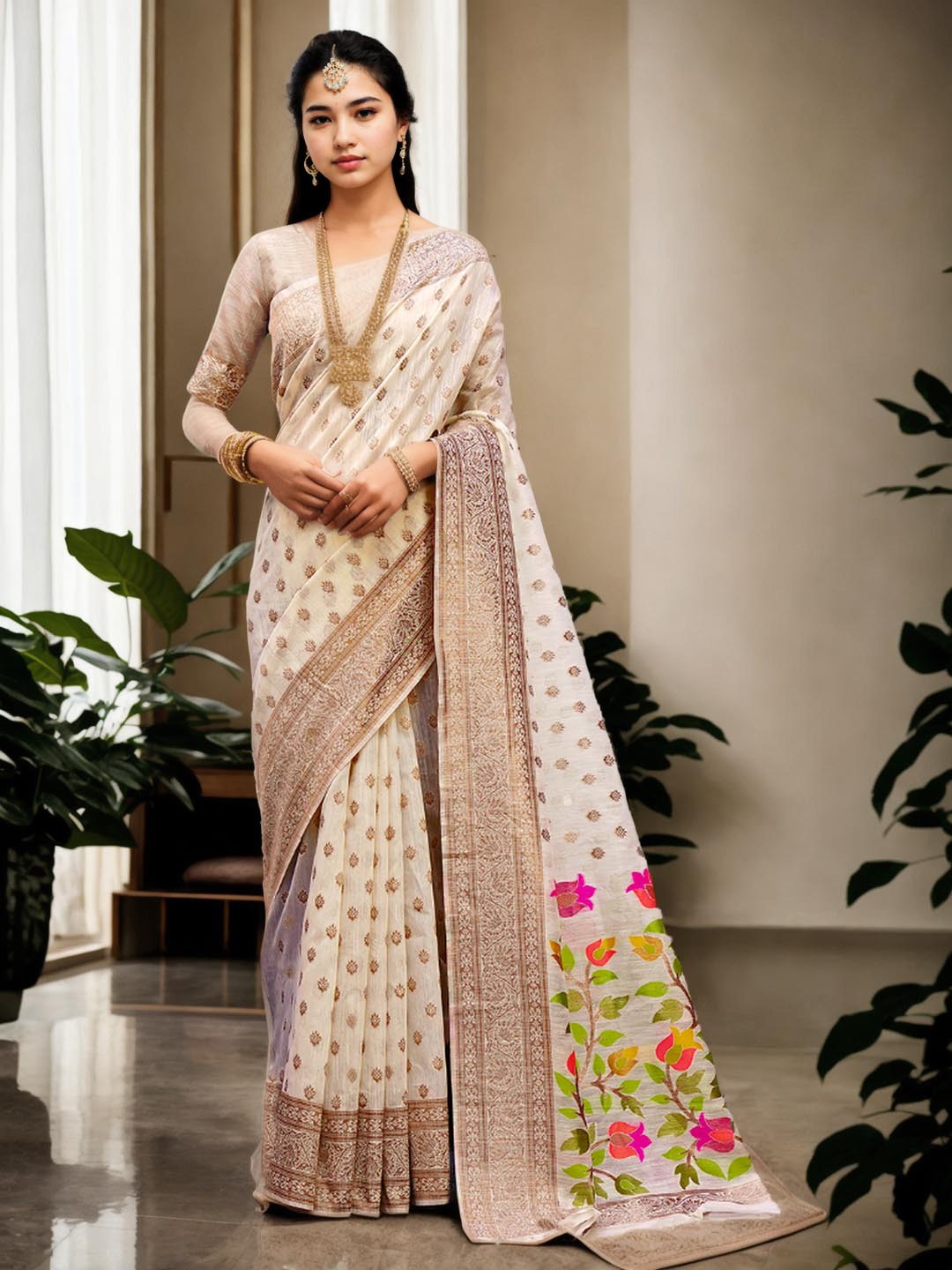 

Ishin Ethnic Motifs Zari Saree, Cream