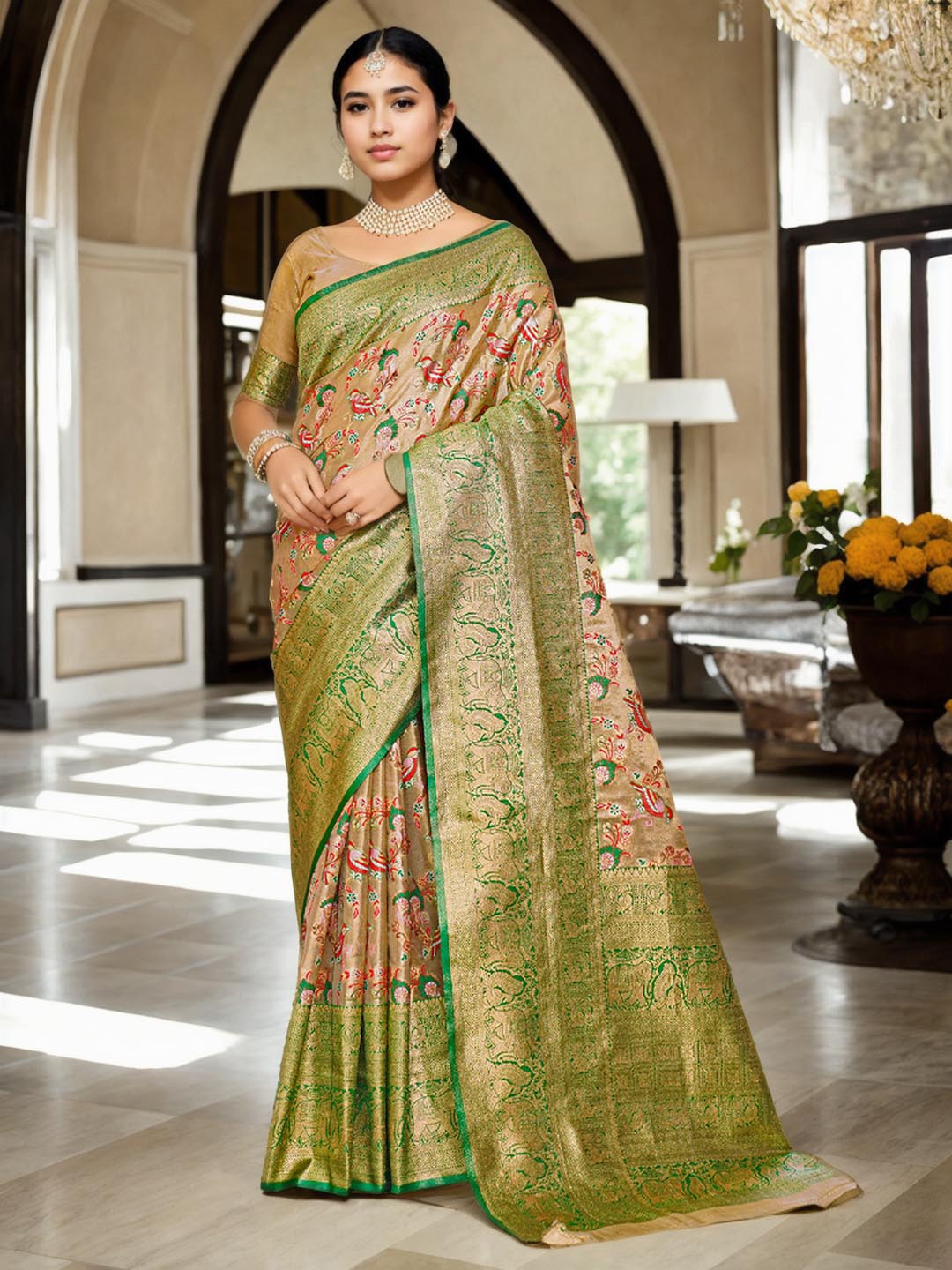 

Ishin Ethnic Woven Design Zari Tissue Saree, Lime green