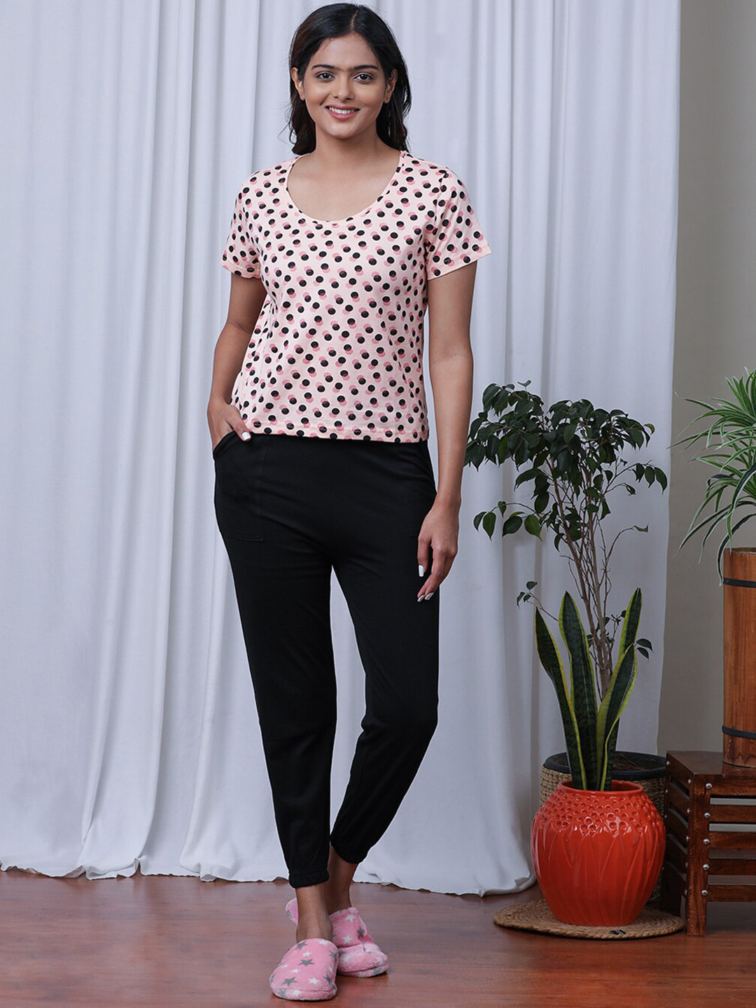 

Slumber Jill Polka Dots Printed Pure Cotton Night Suit, Peach
