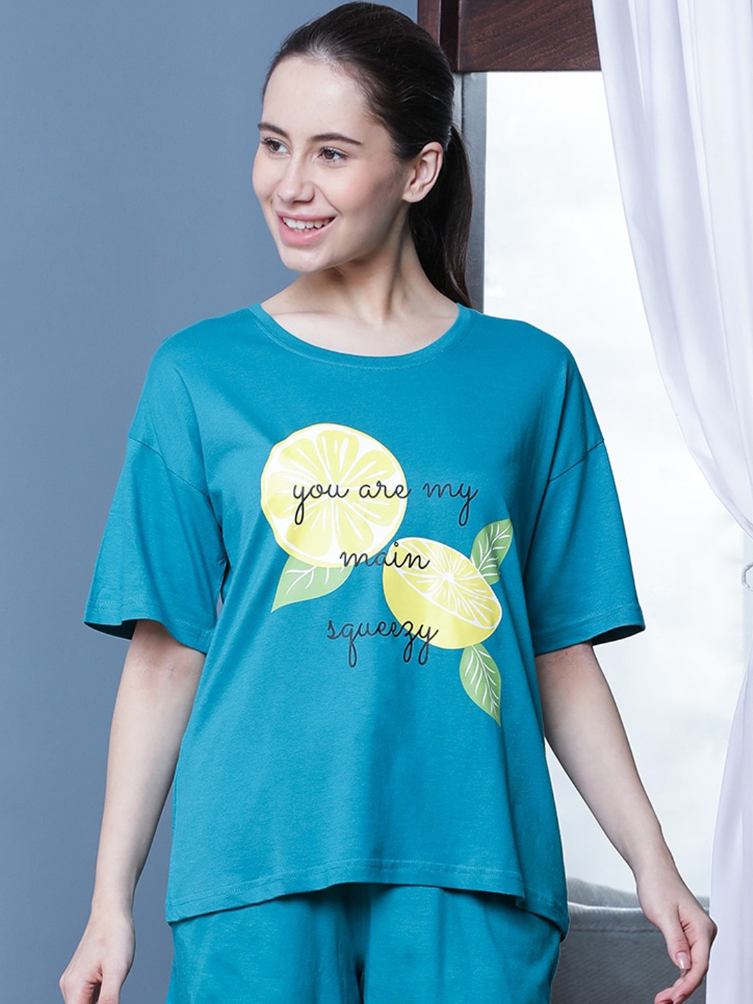 

Slumber Jill Typography Printed Pure Cotton Night Suit, Green