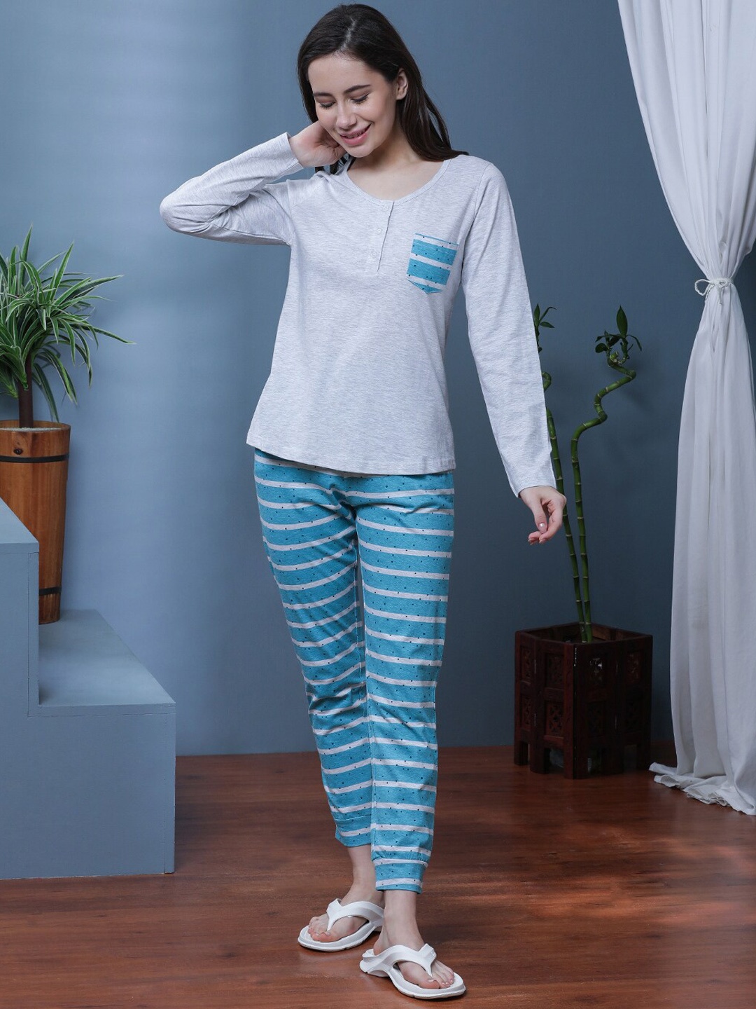 

Slumber Jill Striped Henley Neck Night Suit, Blue