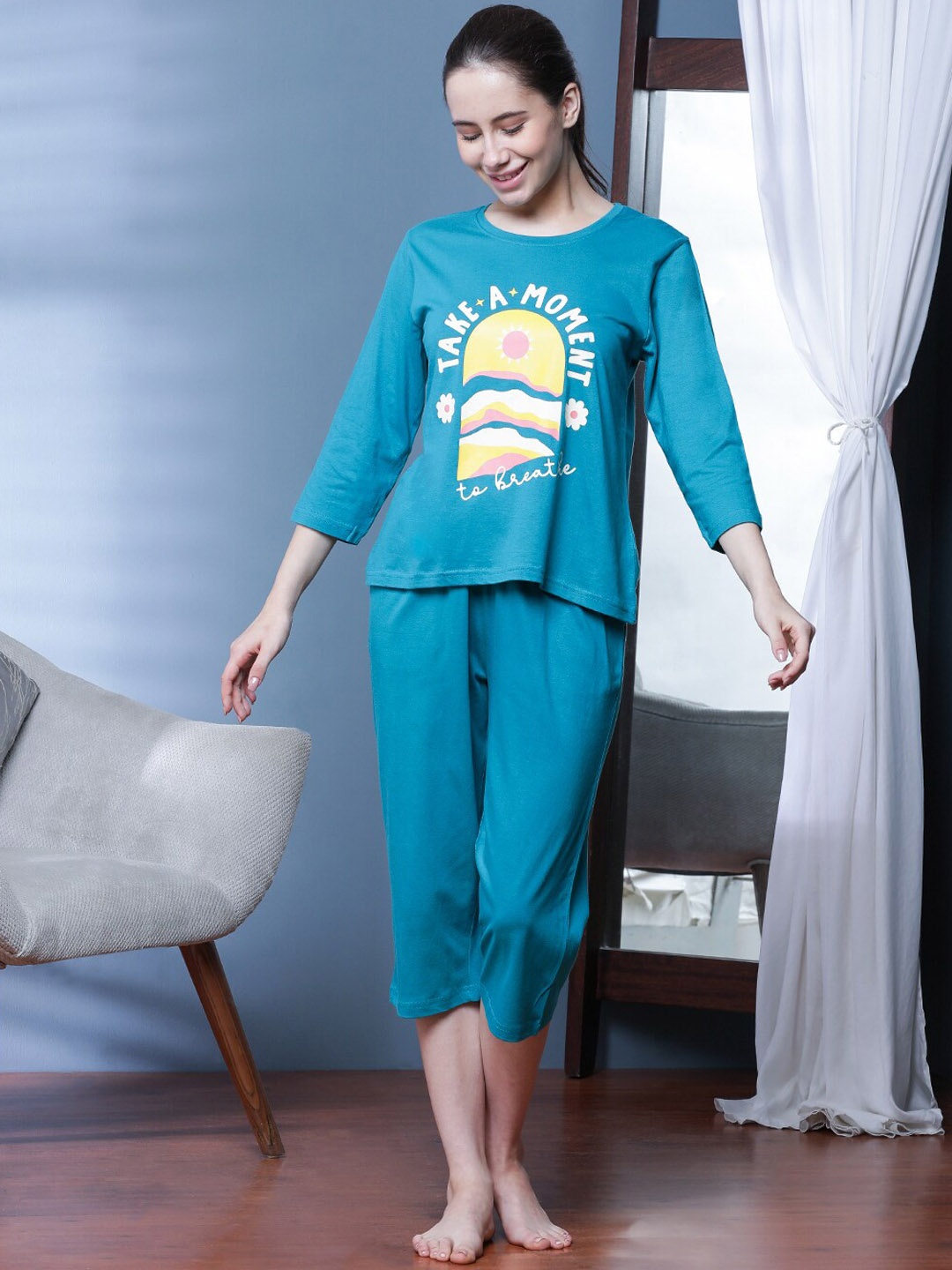 

Slumber Jill Graphic Printed Pure Cotton Night Suit, Blue