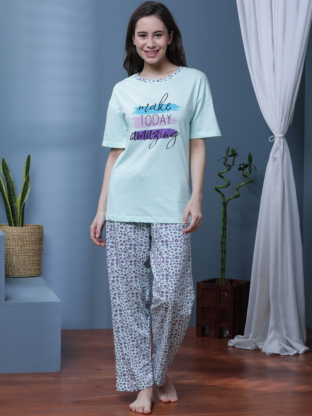 

Slumber Jill Typography Printed Pure Cotton Night Suit, Blue