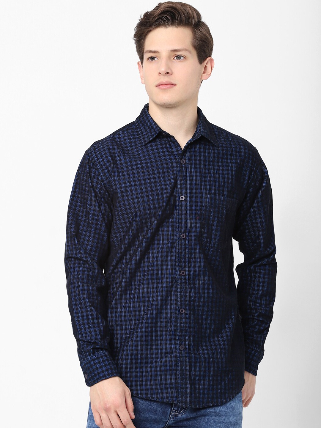 

Celio Grid Tattersall Check Spread Collar Long Sleeves Cotton Casual Shirt, Blue