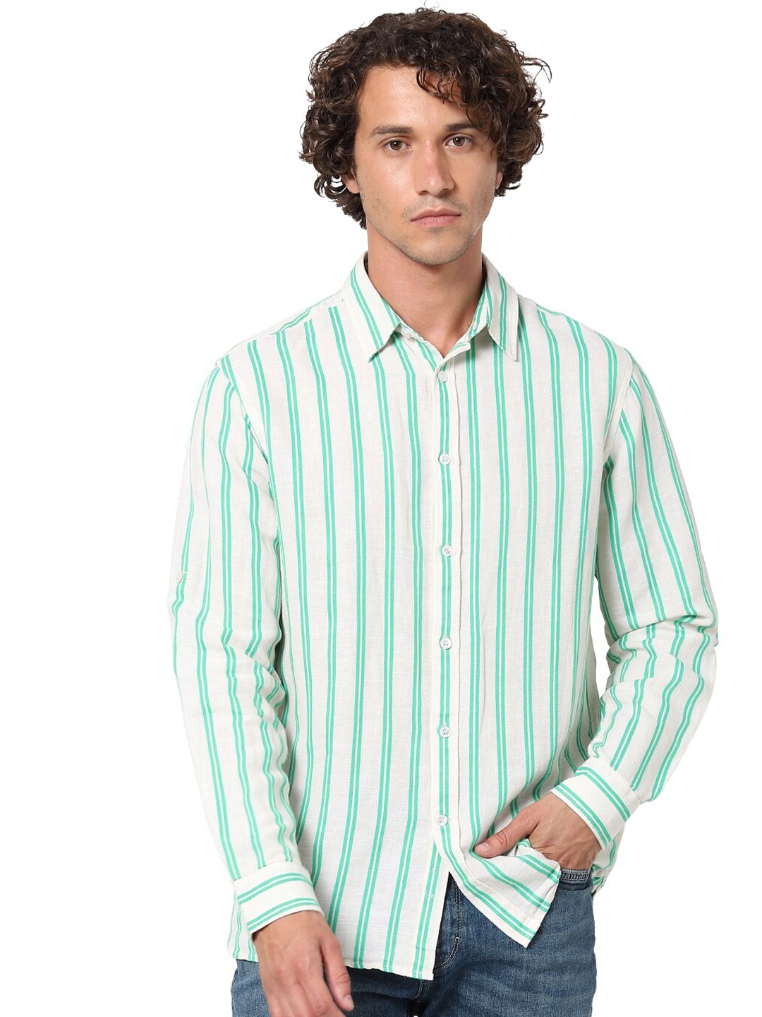 

Celio Opaque Striped Casual Shirt, Green