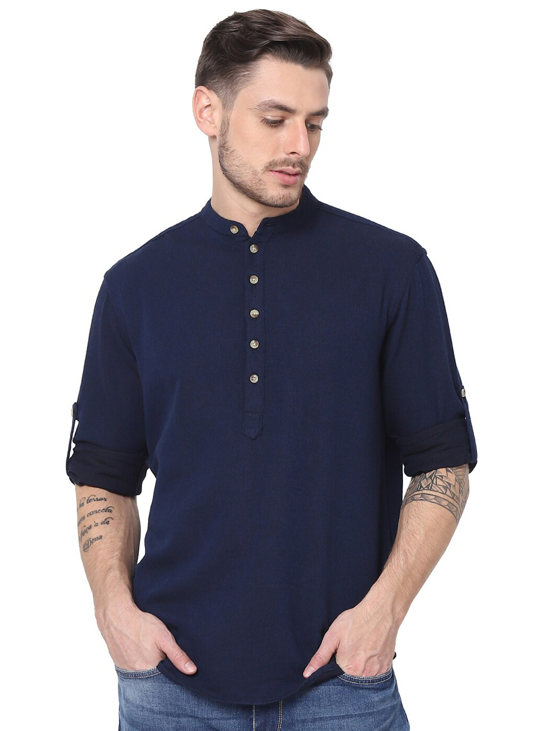 

Celio Mandarin Collar Cotton Opaque Casual Shirt, Navy blue