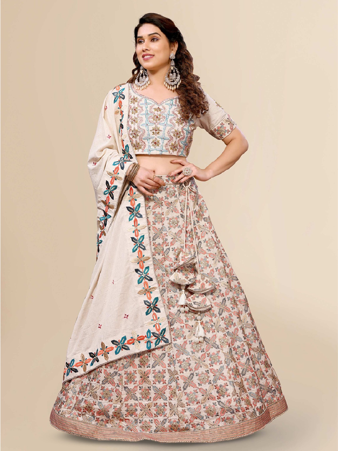 

TITANIUM SILK INDUSTRIES PVT. LTD. Embroidered Ready to Wear Lehenga & Blouse With Dupatta, Beige
