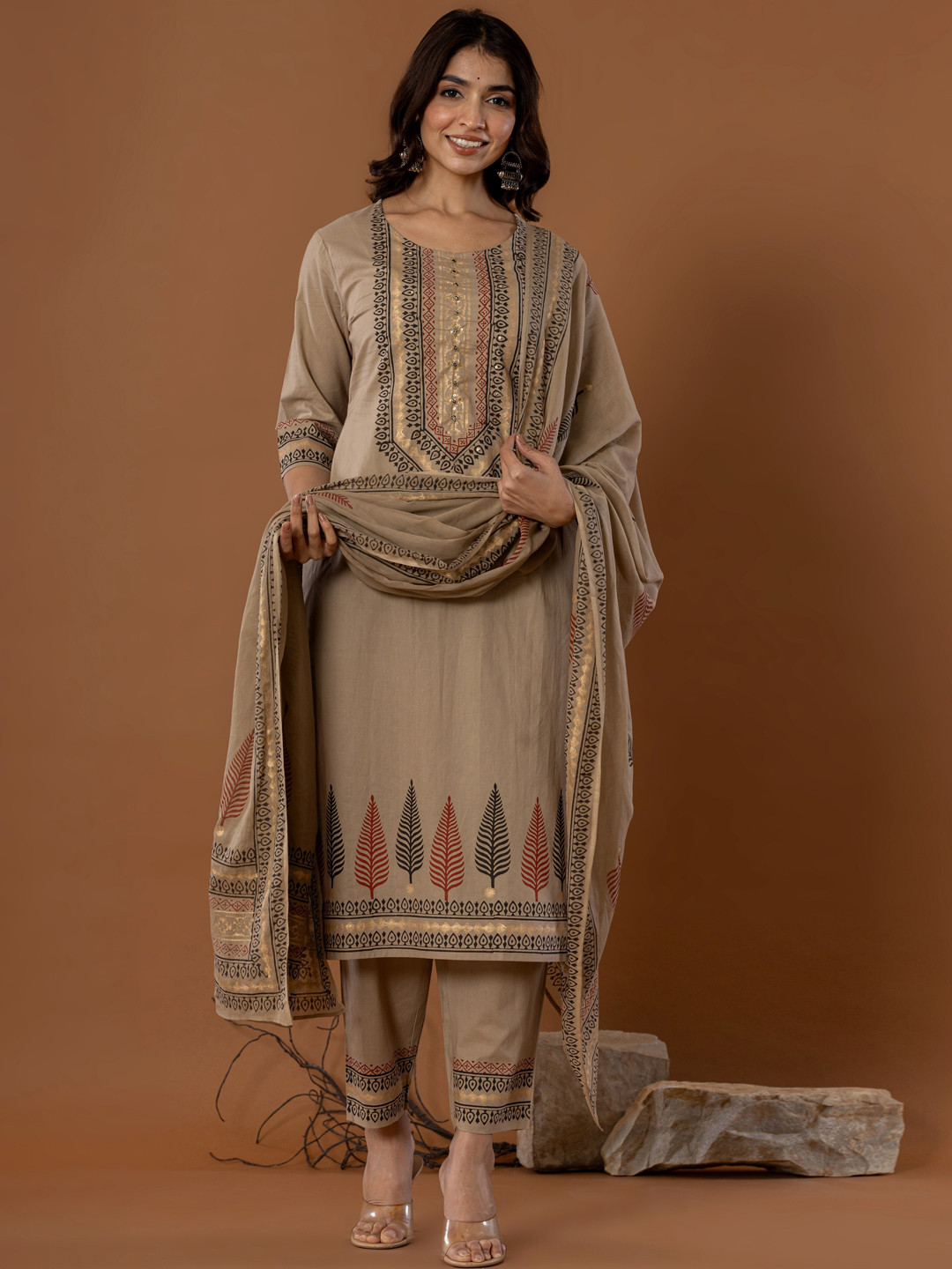 

SK2 Fashion Ethnic Motifs Yoke Design Sequinned Pure Cotton Kurta with Trousers & Dupatta, Beige