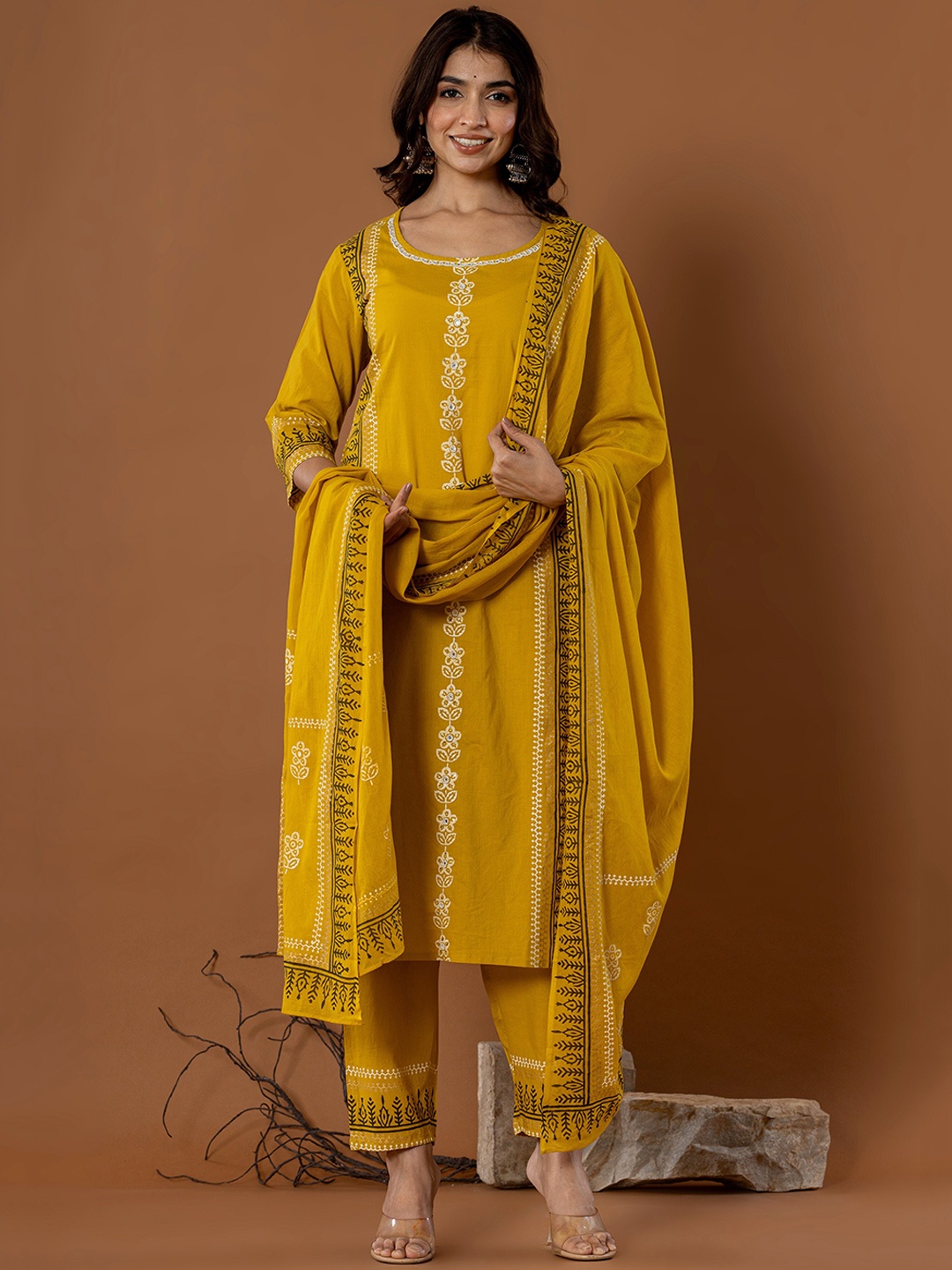 

SK2 Fashion Ethnic Motifs Printed Pure Cotton Kurta with Trousers & Dupatta, Yellow