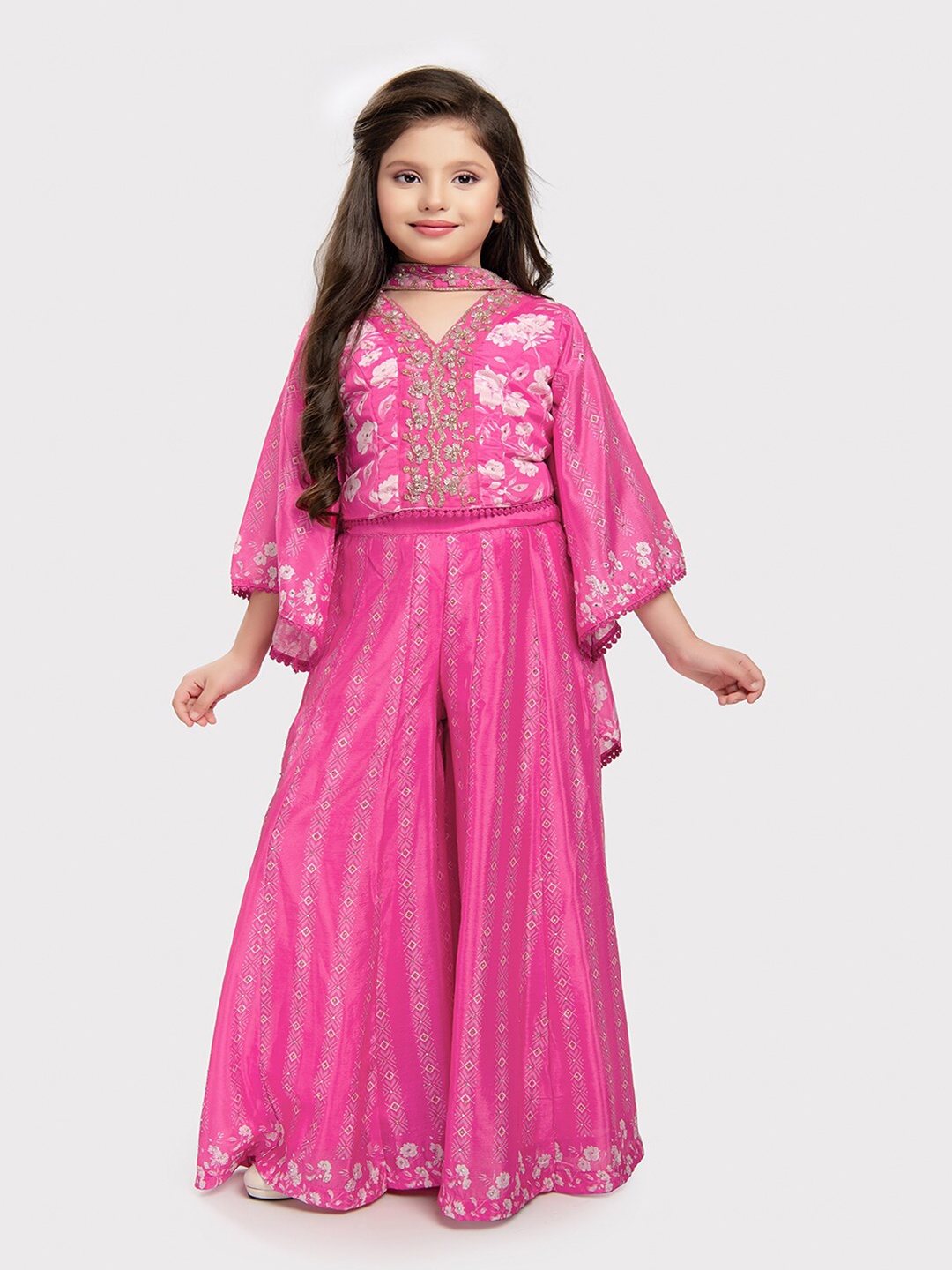 

Tiny Kingdom Girls Embellished V-Neck Top & Palazzos with Dupatta, Pink