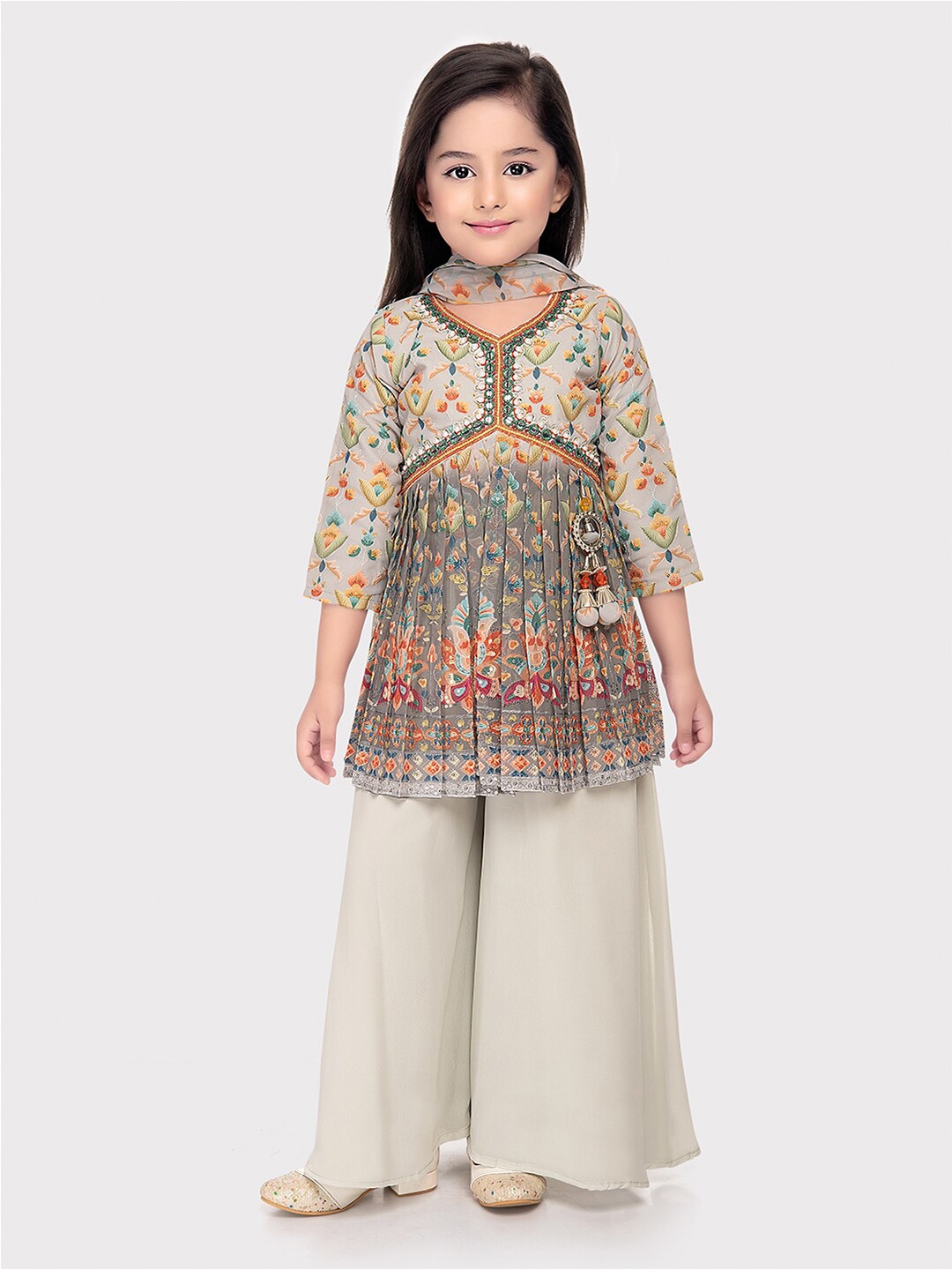 

Tiny Kingdom Girls Floral Printed Empire A-Line Kurta With Palazzo & Dupatta, Grey