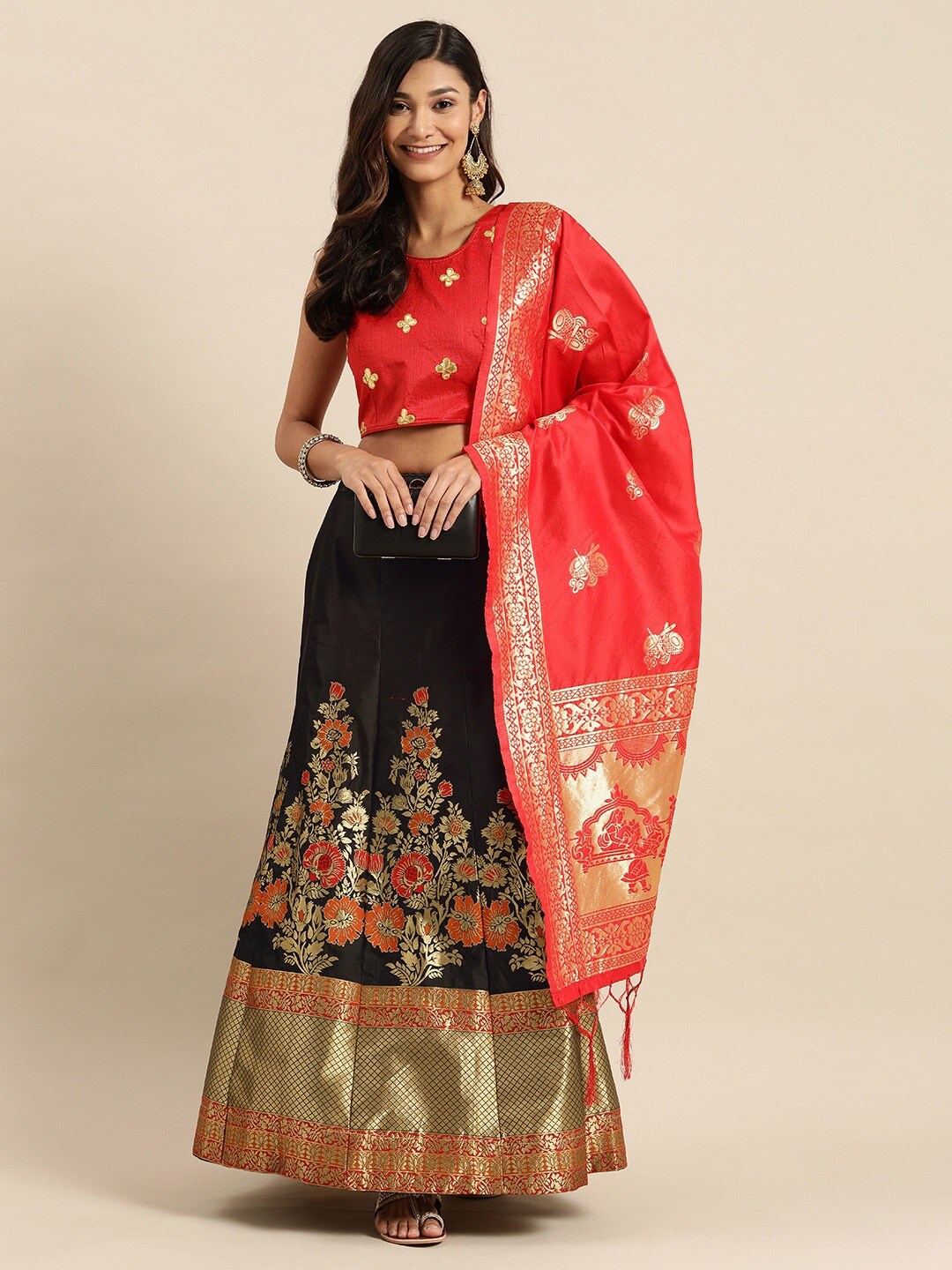 

Shaily Woven Design Semi-Stitched Lehenga & Blouse With Dupatta, Red