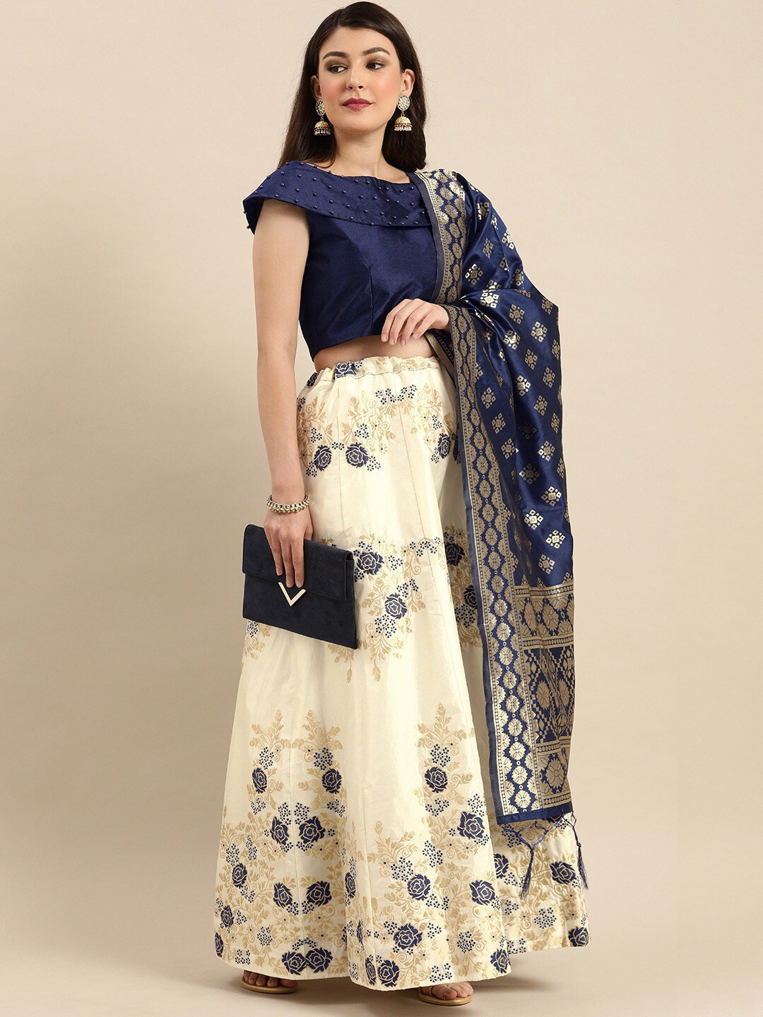 

Shaily Floral Woven Design Semi-Stitched Lehenga & Blouse With Dupatta, Off white