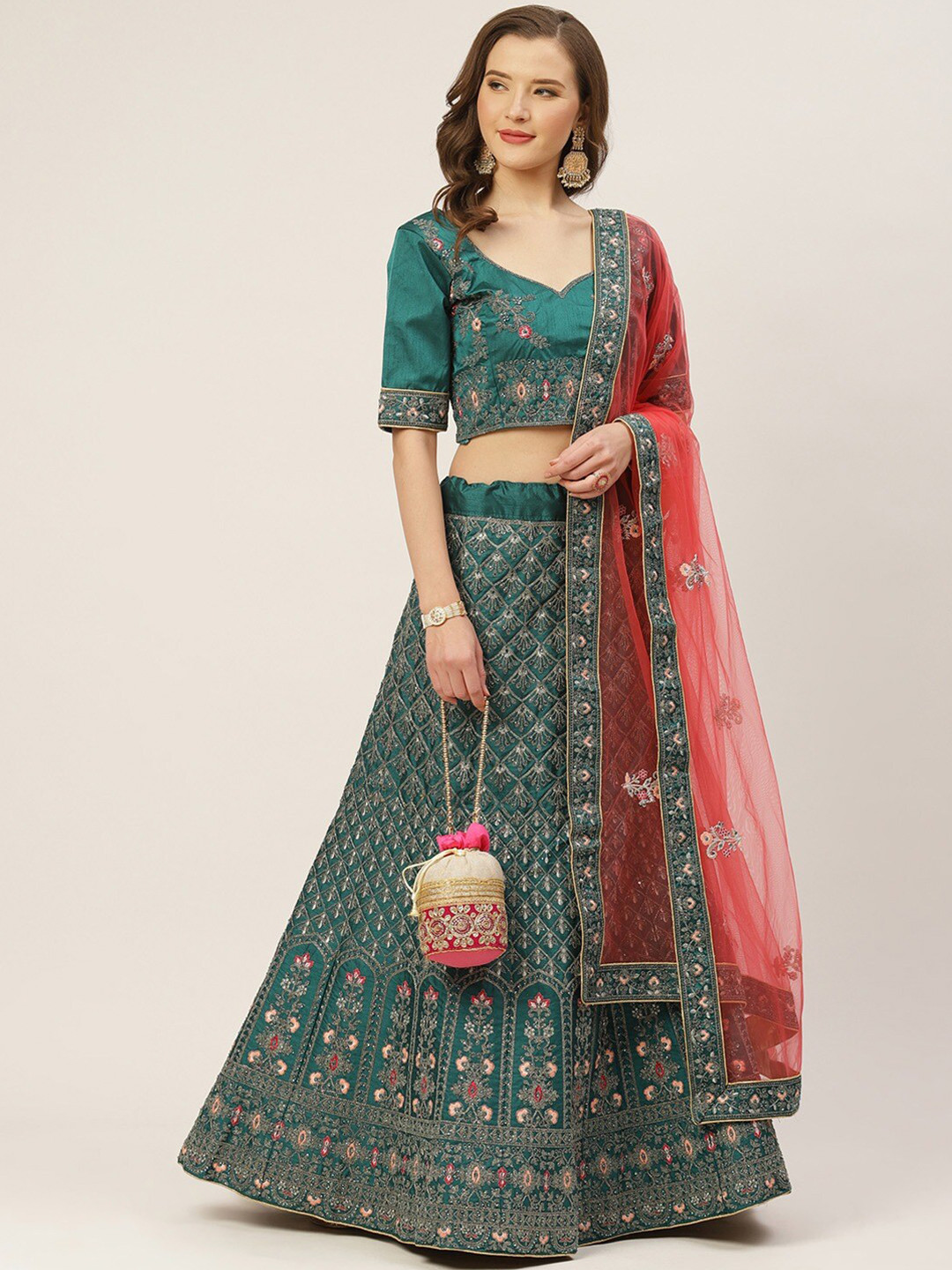 

Shaily Floral Embroidered Sequinned Semi-Stitched Lehenga & Blouse With Dupatta, Teal