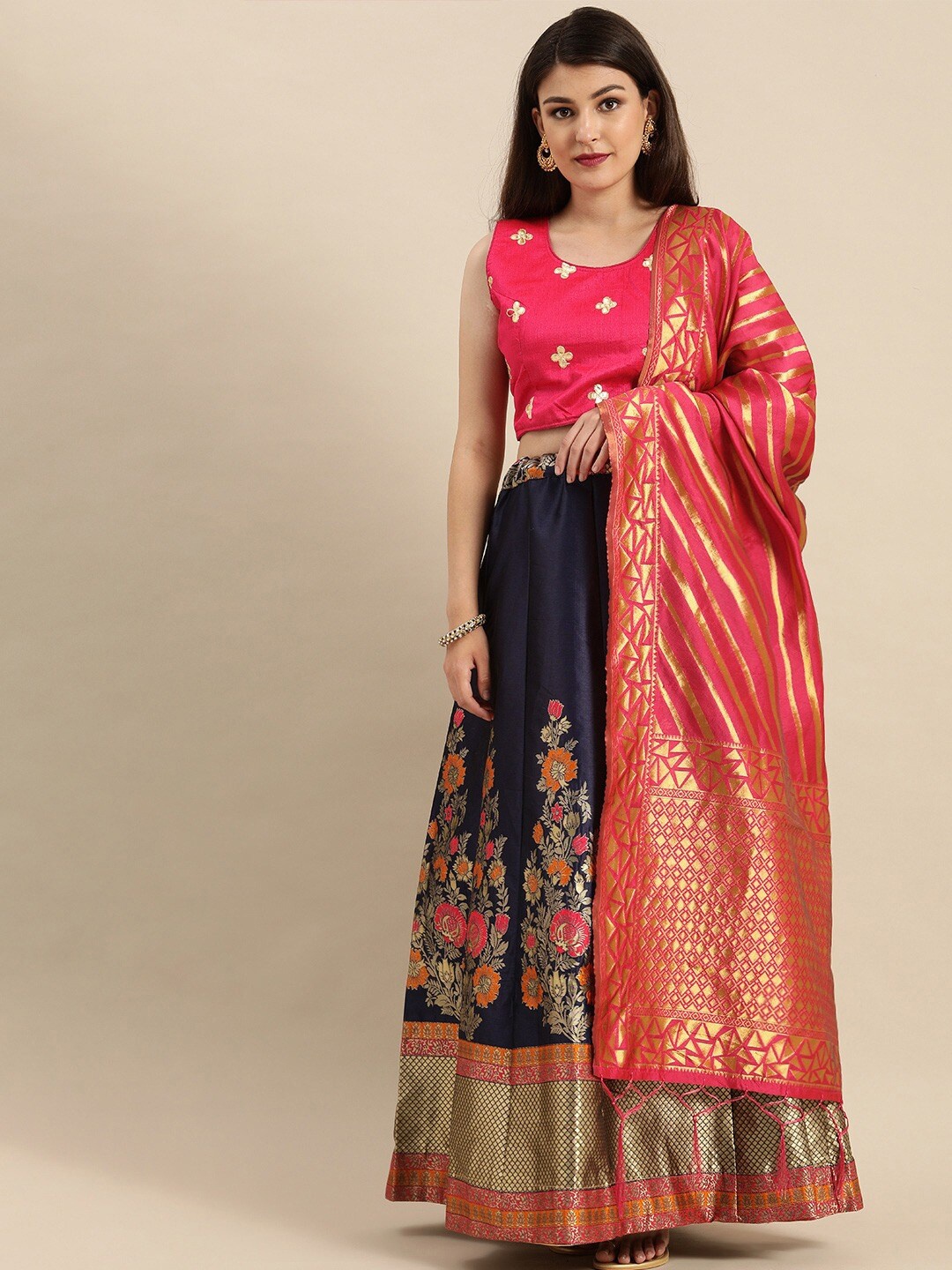 

Shaily Floral Embroidered Semi-Stitched Lehenga & Blouse With Dupatta, Pink