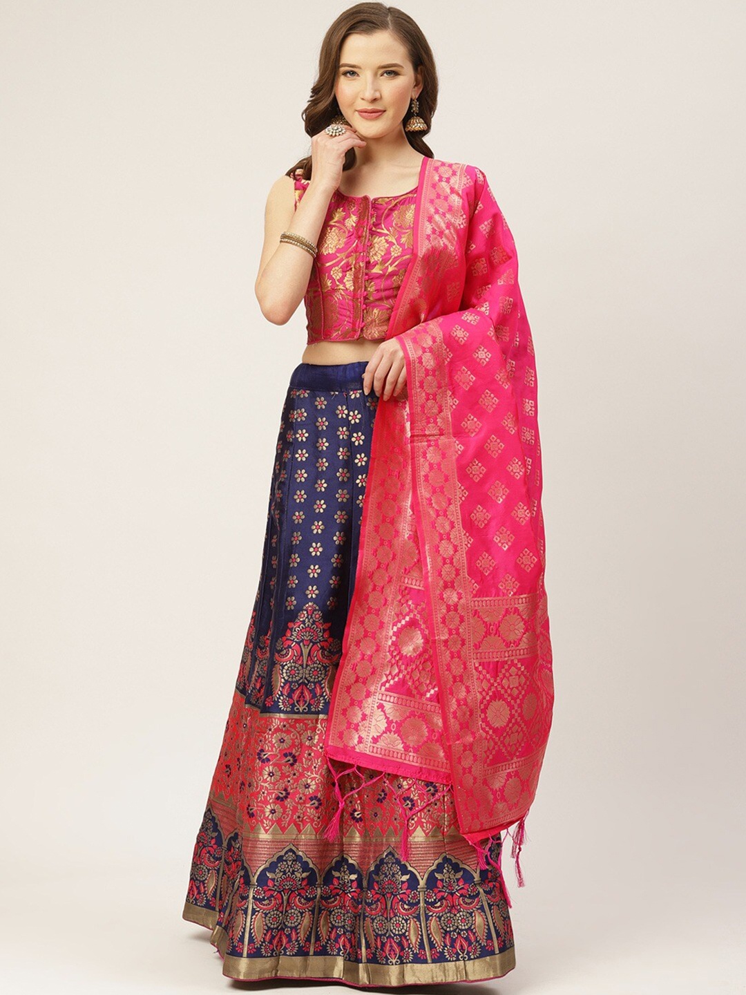 

Shaily Floral Woven Design Zari Semi-Stitched Lehenga & Blouse With Dupatta, Pink