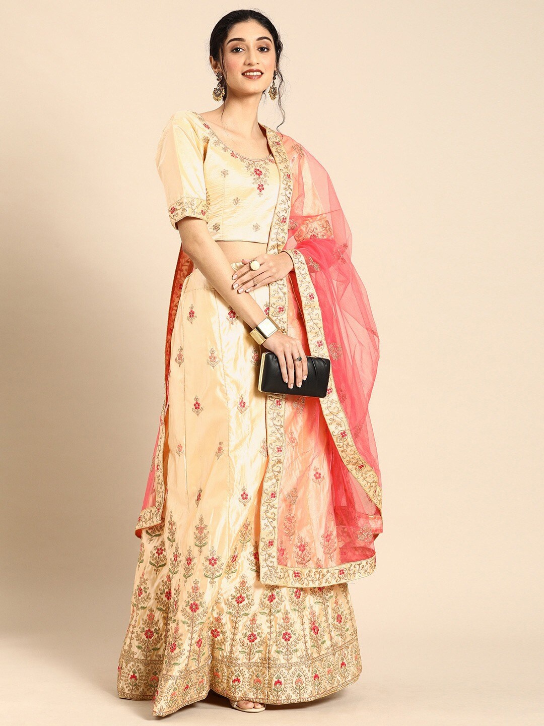 

Shaily Floral Embroidered Satin Semi-Stitched Lehenga & Blouse With Dupatta, Cream