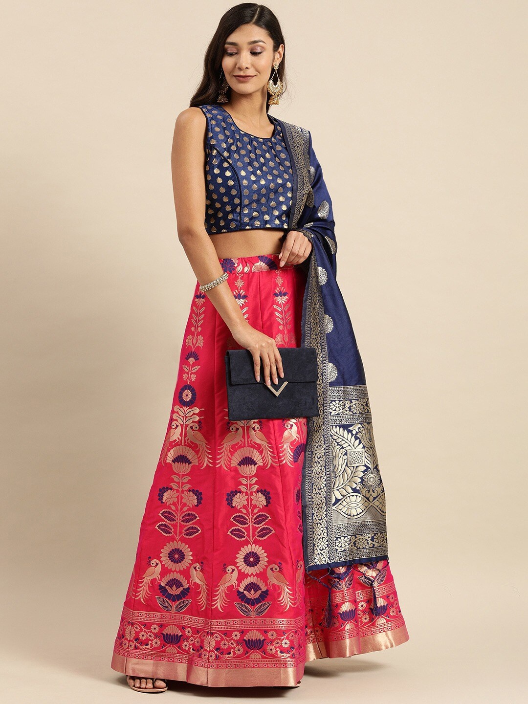 

Shaily Floral Woven Design Zari Semi-Stitched Lehenga & Blouse With Dupatta, Navy blue