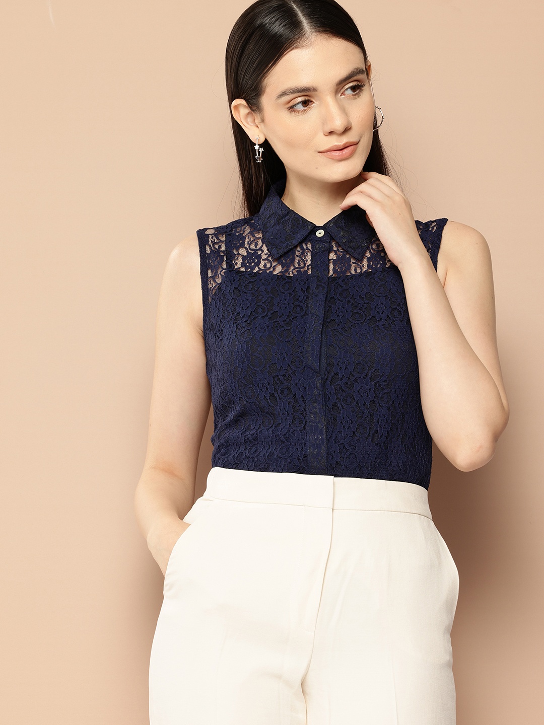 

her by invictus Lace Sheer Casual Shirt, Navy blue