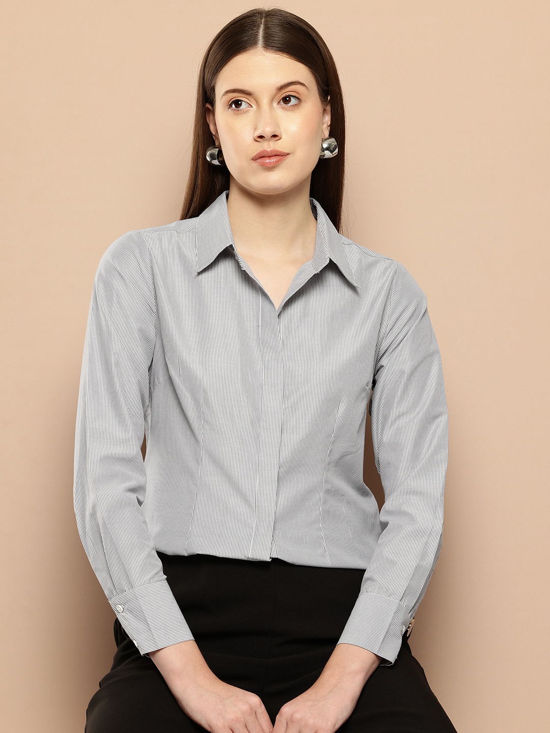

her by invictus Women Cotton Striped Formal Shirt, Grey